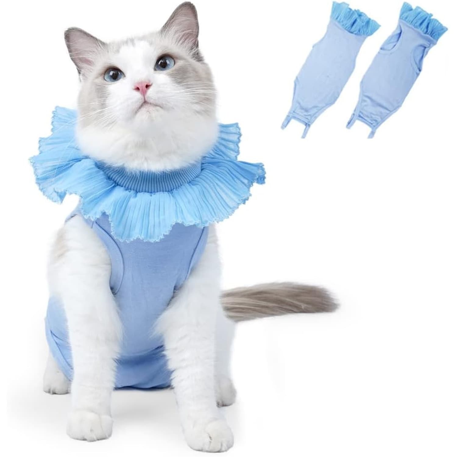 GAOMON Cat Recovery Suit - Soft Anti-Licking Bodysuit with Adjustable Buckle - E-Collar Substitute - Warm After Shaving Light Blue M