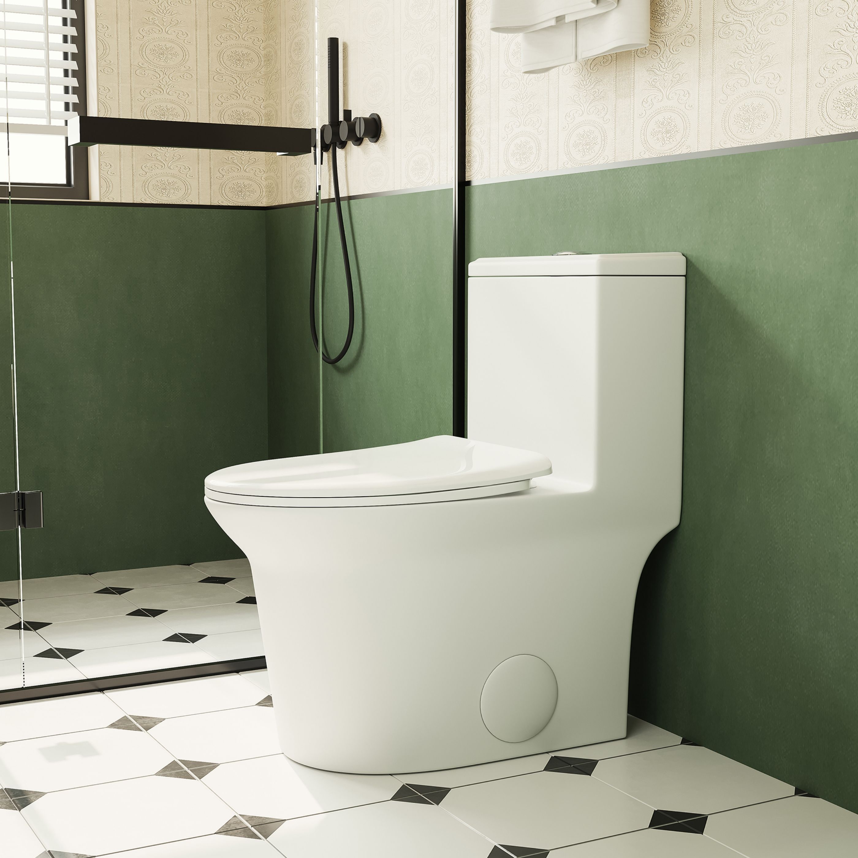 WELLFOR QPZ-PB24931 TL White Elongated Standard height 12-in Rough-In WaterSense 1.6 GPF Dual Slow Close Feature 1-piece Toilet