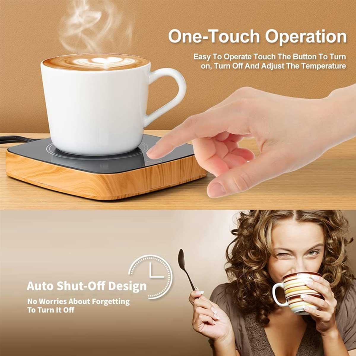 Aoibox Coffee Mug Warmer with 3 Temperature Settings for Warming Heating Coffee Beverage Milk Tea and Hot Chocolate Wood Grain Stainless Steel