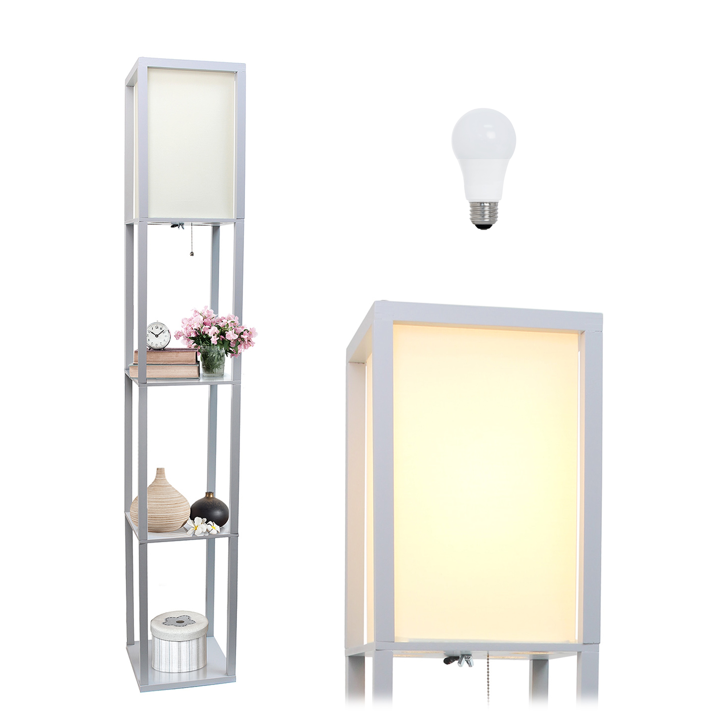 Simple Designs LF1014-GRY-LB 62.5-in Gray Shelf Floor Lamp with Linen Shade