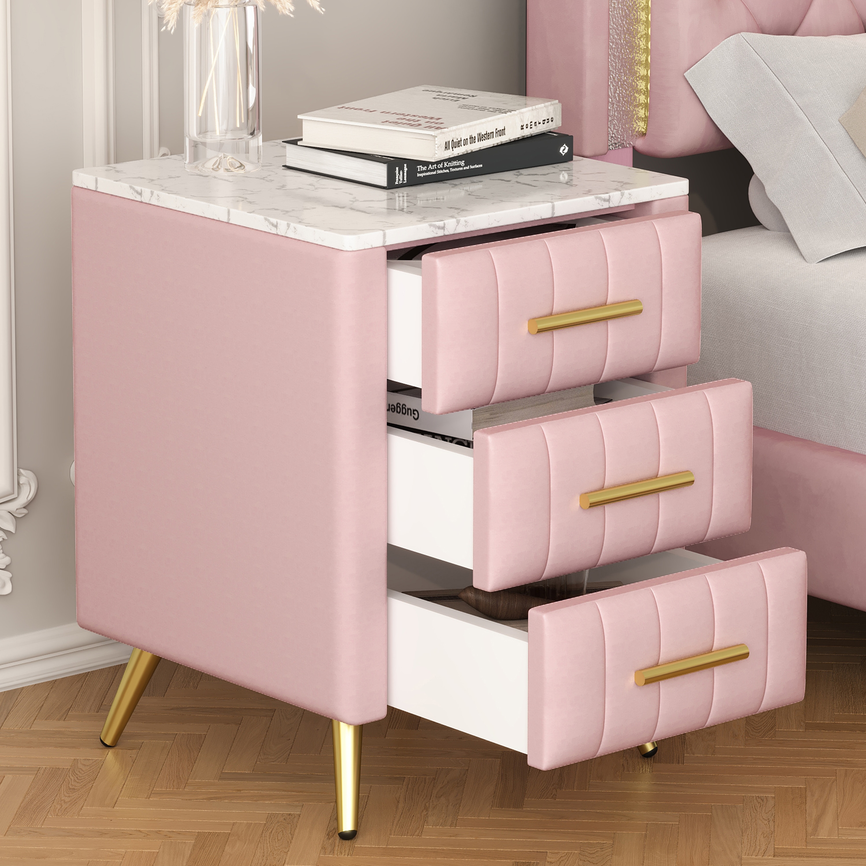 Tatayosi RY-P208520H Upholstered Wooden Nightstand with 3 Drawers and Metal Legs Handles Bedside Table with Marbling Stickers Worktop - Pink