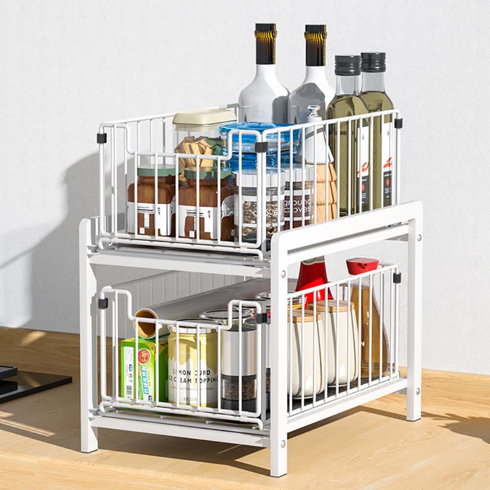 WhizMax 1GGL-FQZDN-Z99J3SYA Pull-Out Sliding Drawer Cabinet Organizer  Slide-Out Stackable Under Sink Cabinet Organizer 2-Tier Storage Shelf  Multipurpose For Kitchen  Bathroom white