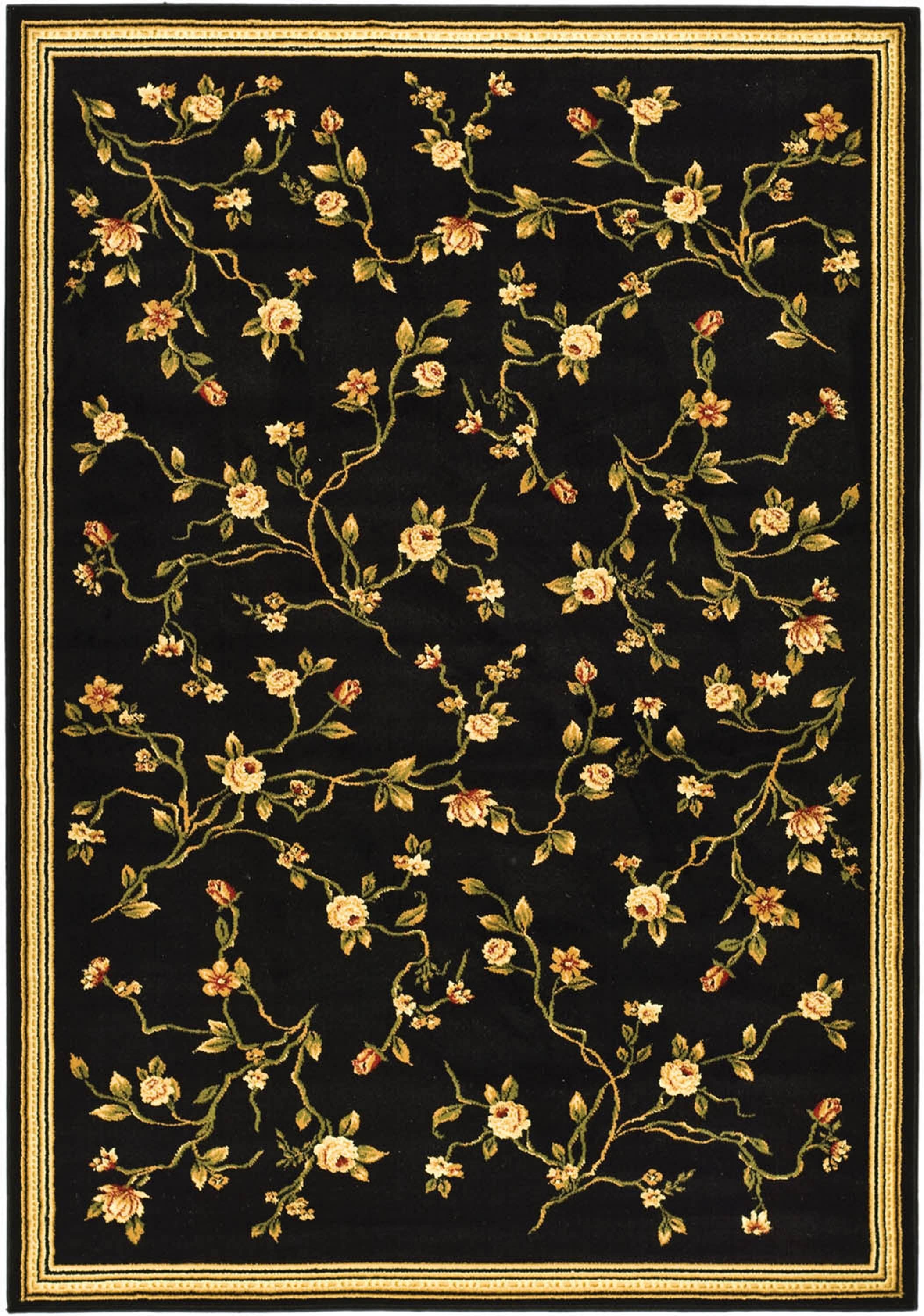 Black Floral Hand-Knotted Synthetic Area Rug