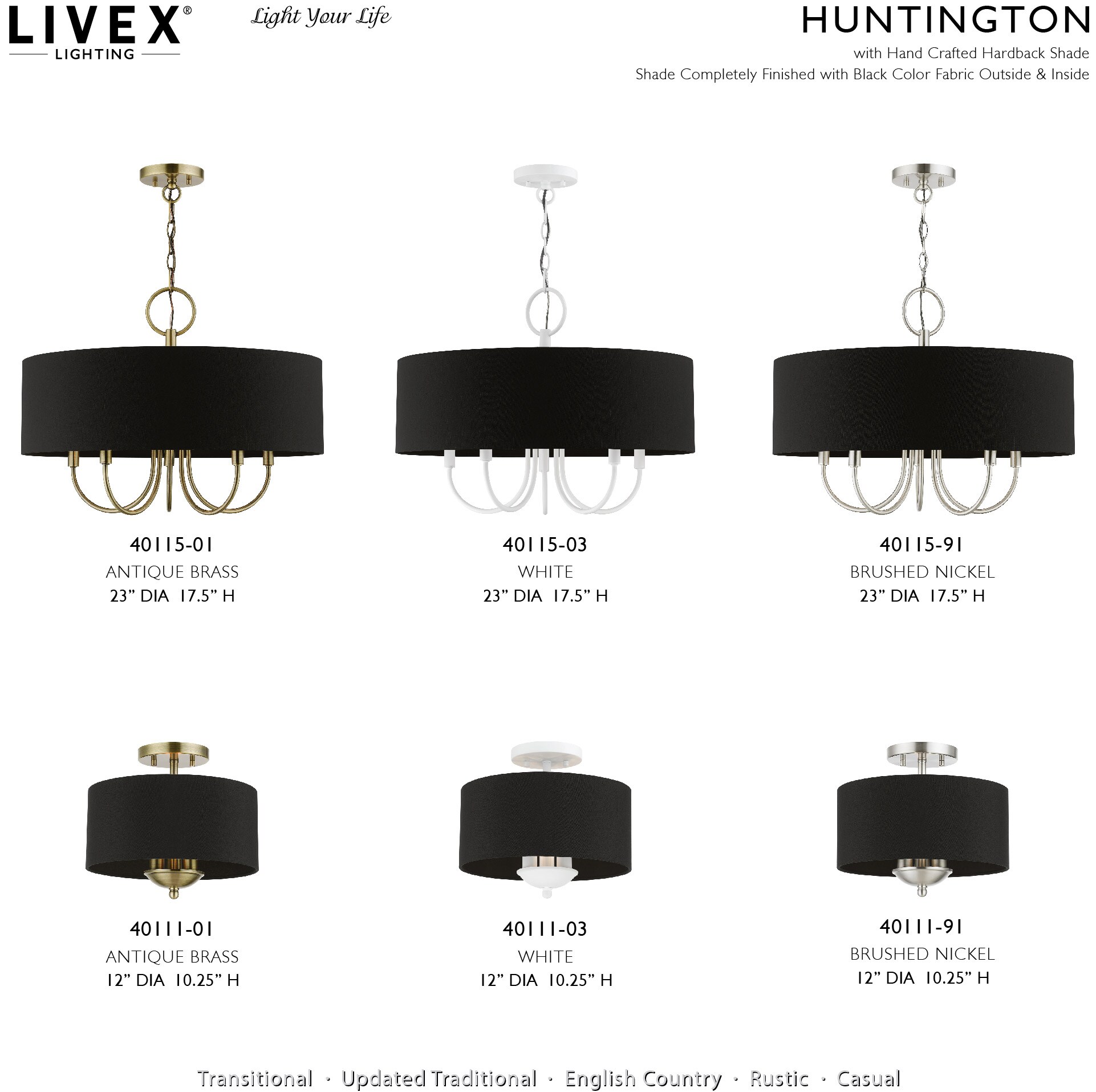 Antique Brass 3-Light Transitional Semi-Flush Mount with Black Fabric Shade