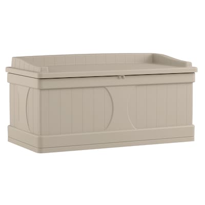 99 Gallon Taupe Plastic Deck Box, Outdoor Deck Storage Box Bench