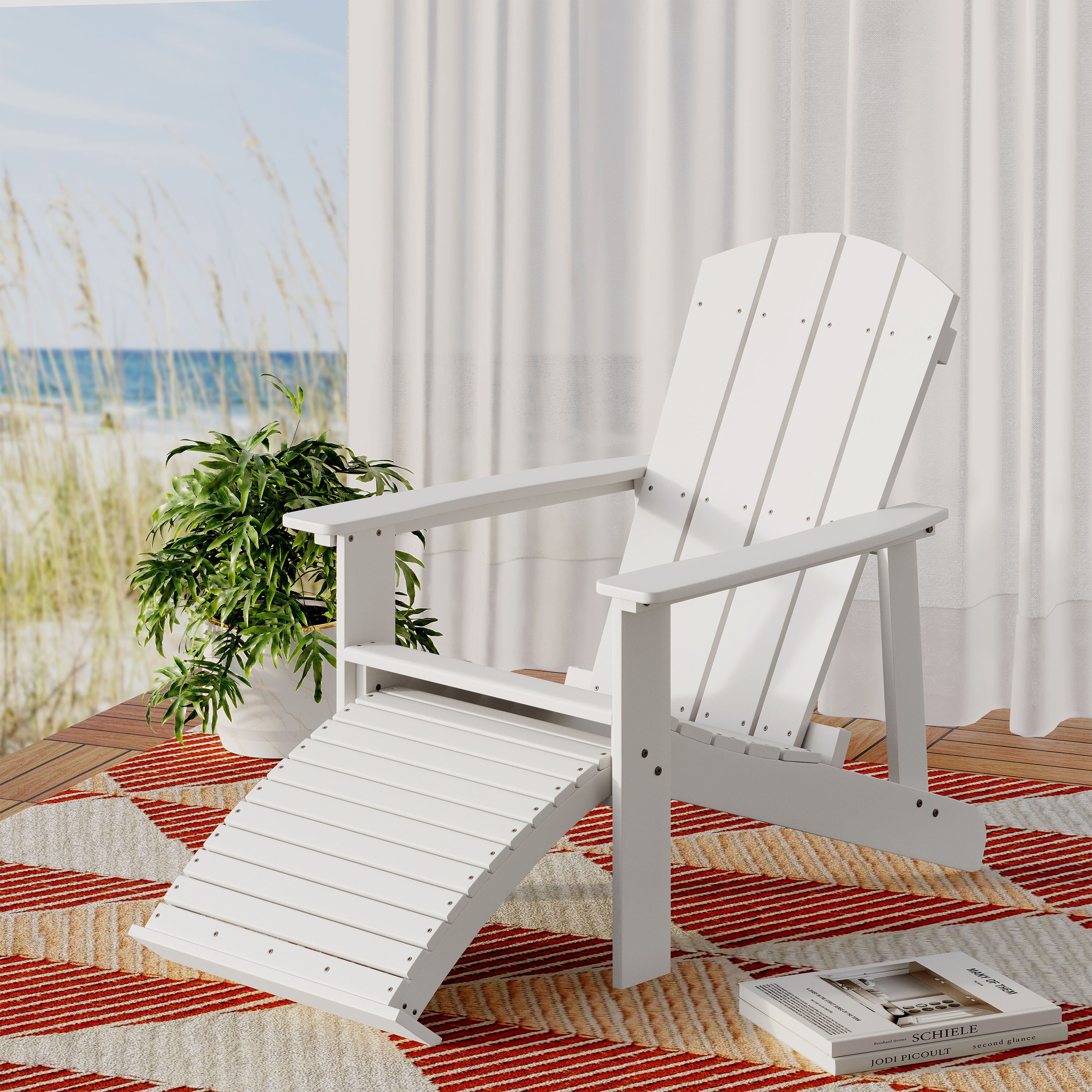 Best Selling Home Decor 318190 Hunter White Wood Frame Stationary Adirondack Chair with White Solid Seat