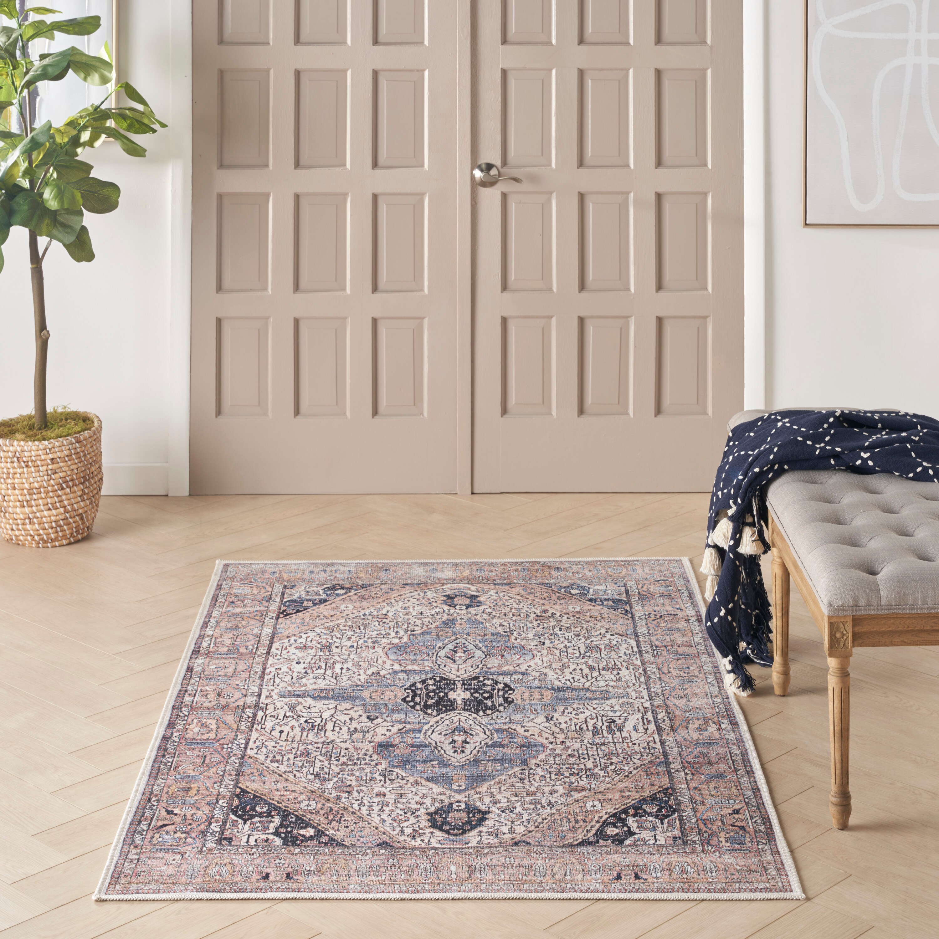Ivory Blue Vintage Boho 4' x 6' Flat Woven Synthetic Area Rug