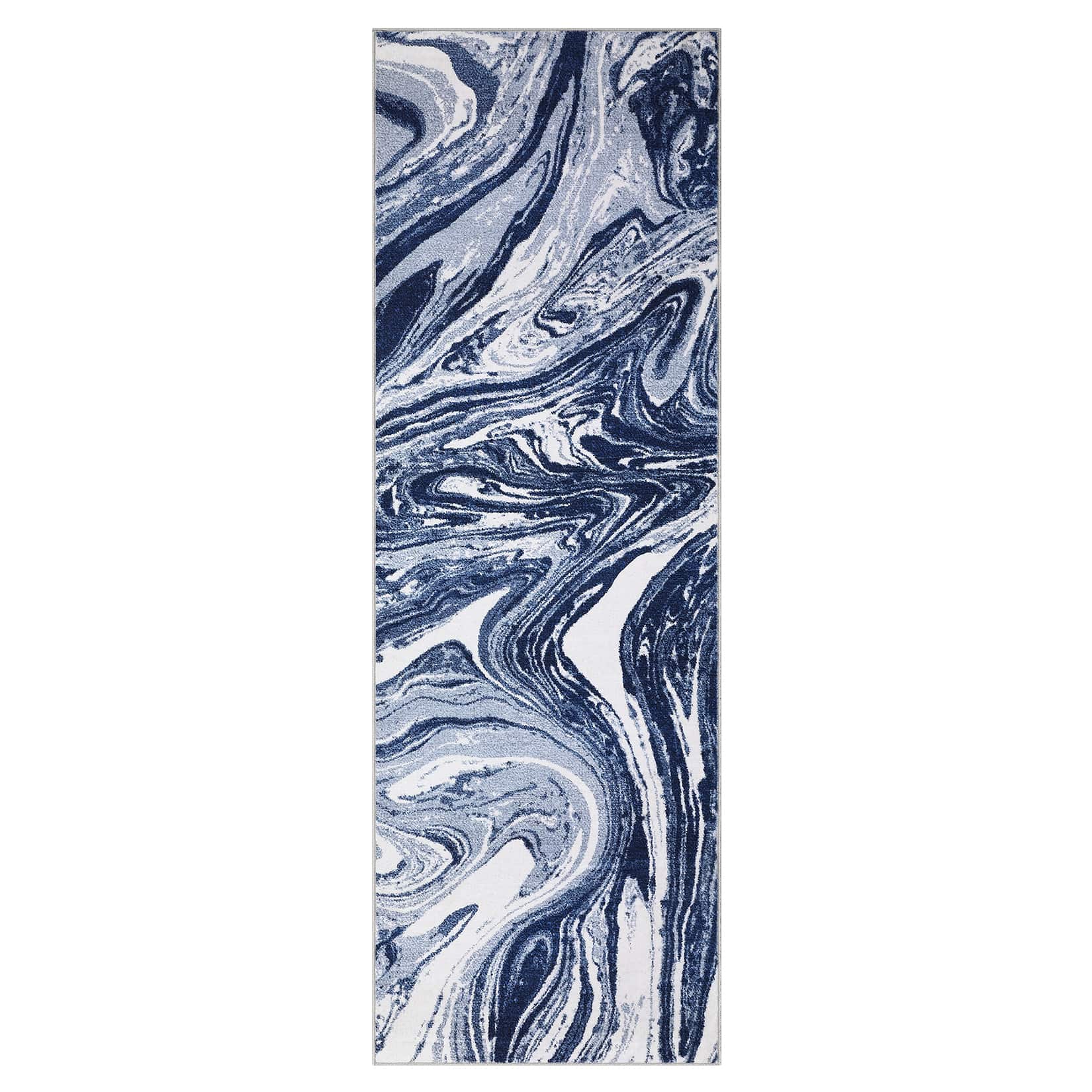 Qeetex SUNNY-PHK-33TAVXV8 2 x 6 ft Polyester Blue Rectangular Indoor Abstract Modern Machine Washable Runner Rug