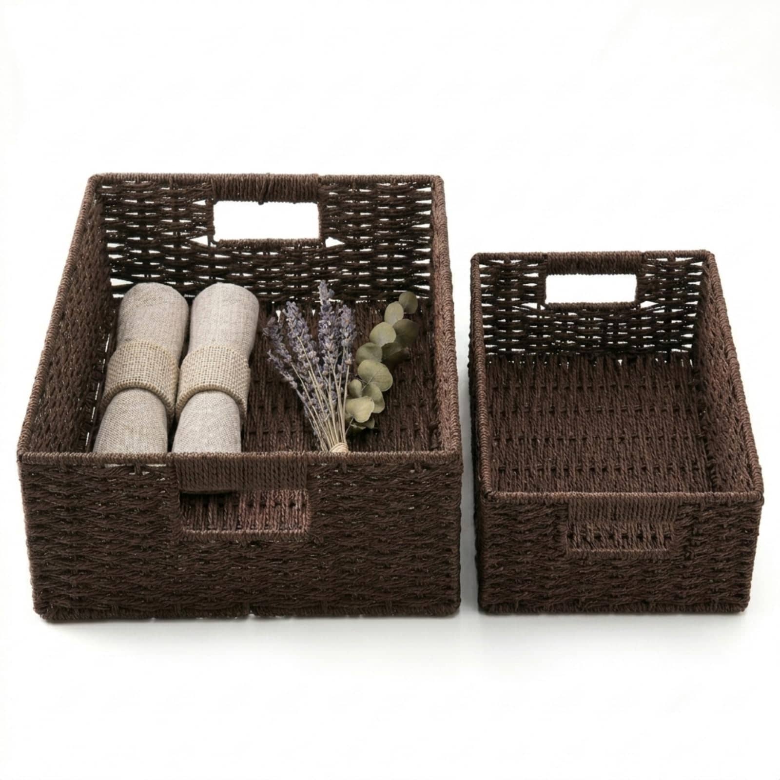 Oyezvary  2 pack brown wicker storage basket hand woven paper rope organizer bins with handles for shelves pantry kitchen bathroom closet laundry
