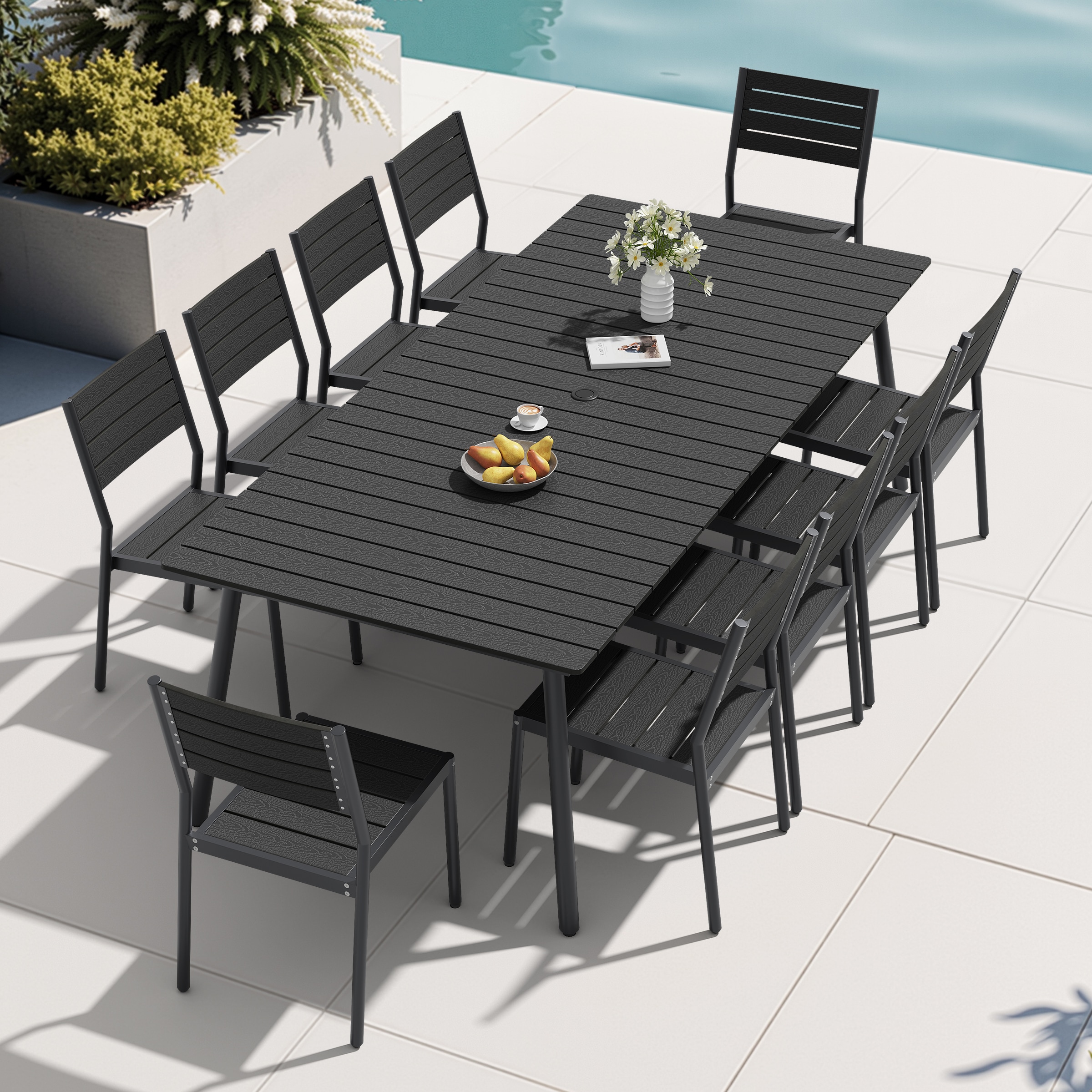 Pellebant Black Patio Dining Set with Aluminum Rectangle Table and Stackable Chairs
