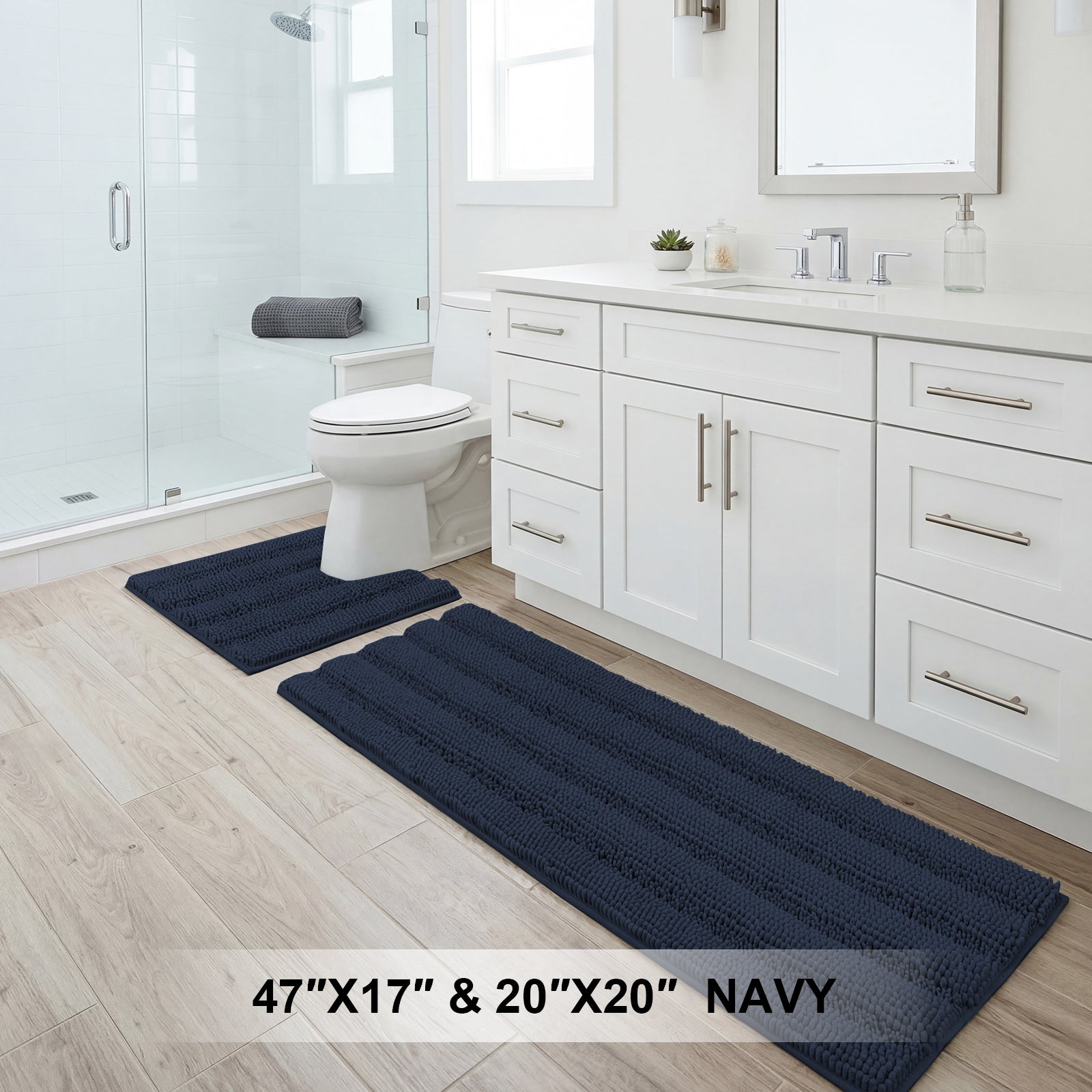 H.Versailtex  2Piece Chenille Bath Rug Set ExtraThick Striped Shaggy Bath Mats 17 x 47 in Navy