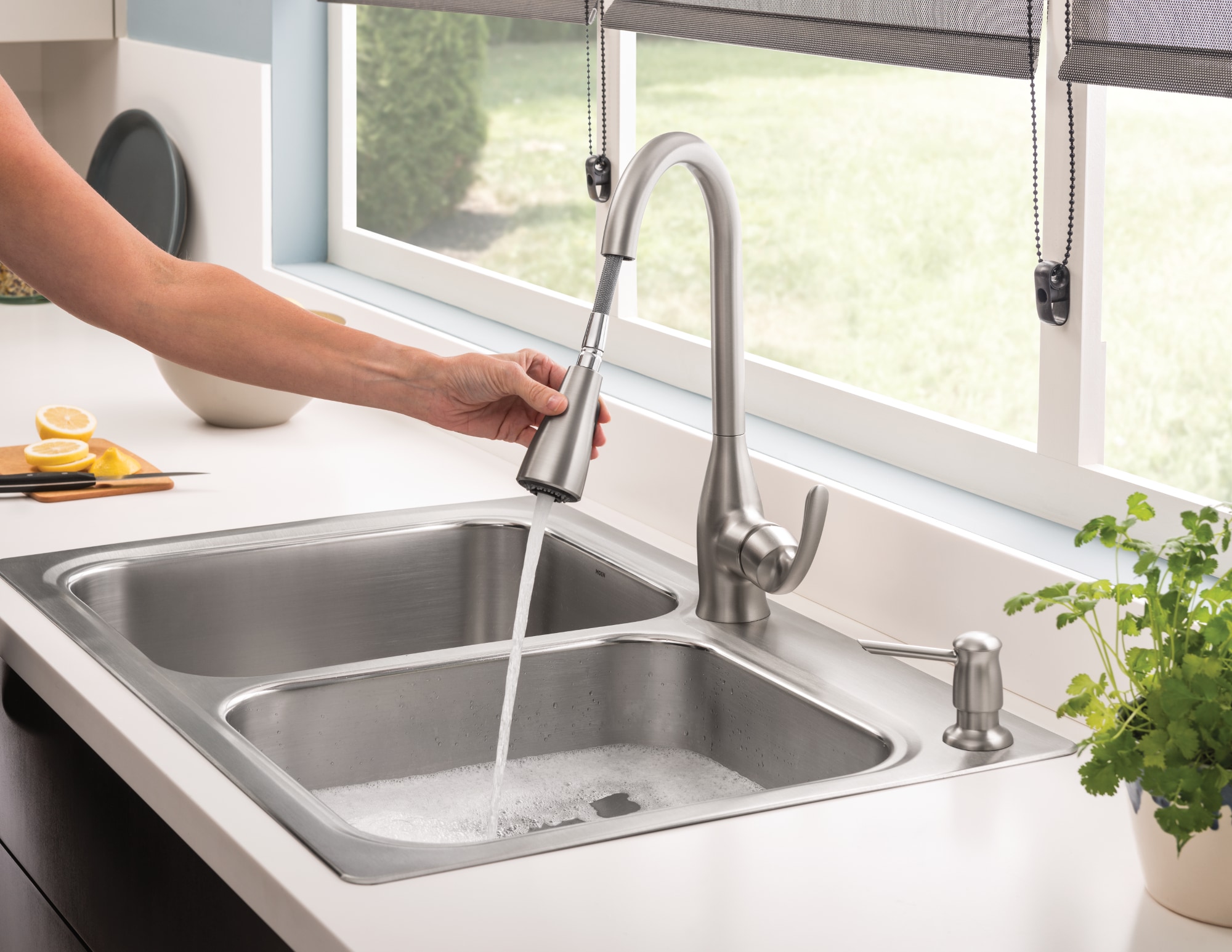 Moen Lainie Dual-mount 33-in x 22-in Stainless Steel Double Offset Bowl  2-Hole Kitchen Sink All-in-one Kit in the Kitchen Sinks department at