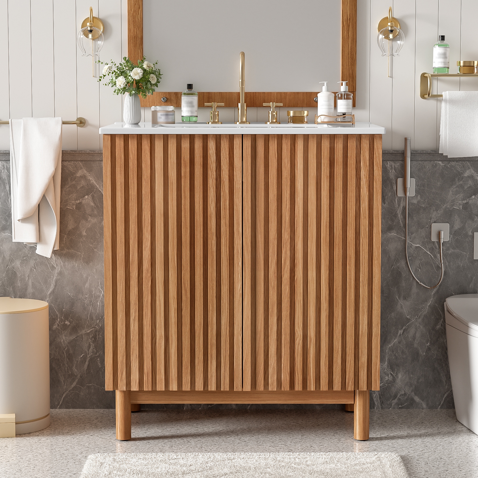 Tatayosi RY-P339777O Traditional Bathroom Vanity with Ceramic Sink Solid Wood Legs MDF U-Shaped Adjustable Shelf Soft-Close Doors and Space-Saving Storage