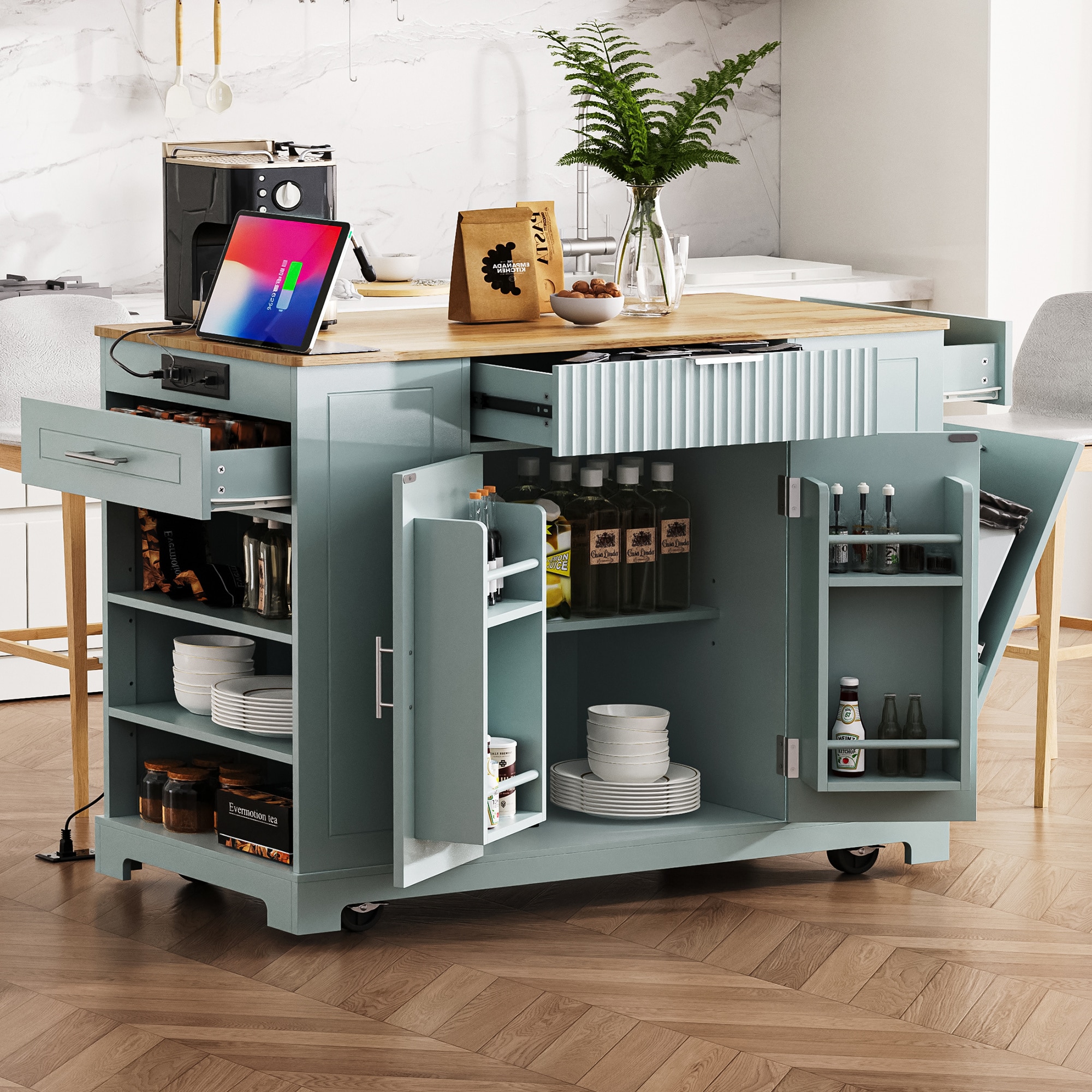 BABOOM BOM-7035AAG-OR Blue MDF Base with Wood Rolling Kitchen Island ( 20.5-in x 48.5-in x 36.4-in )