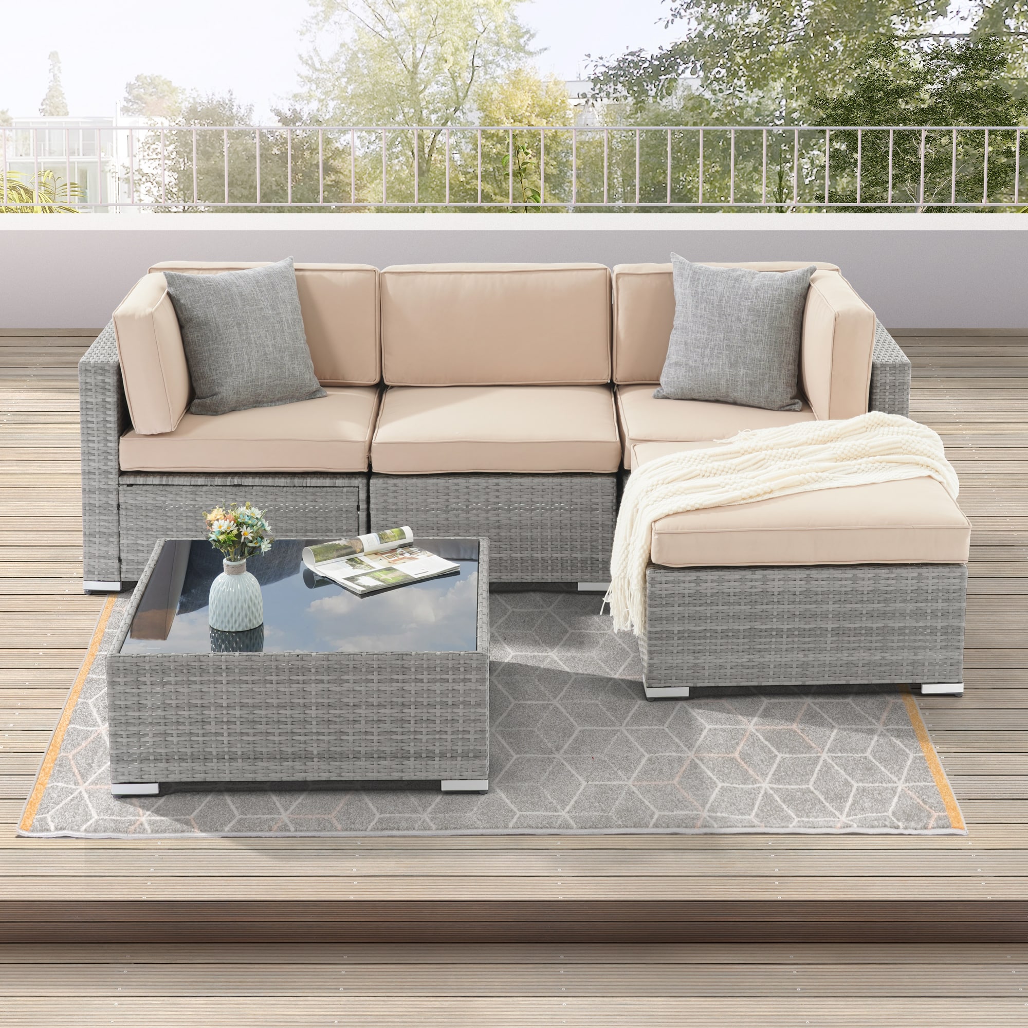 ACEGOSES LW-F500HSD 5 -Piece Wicker Patio Conversation Set with Tan Cushions