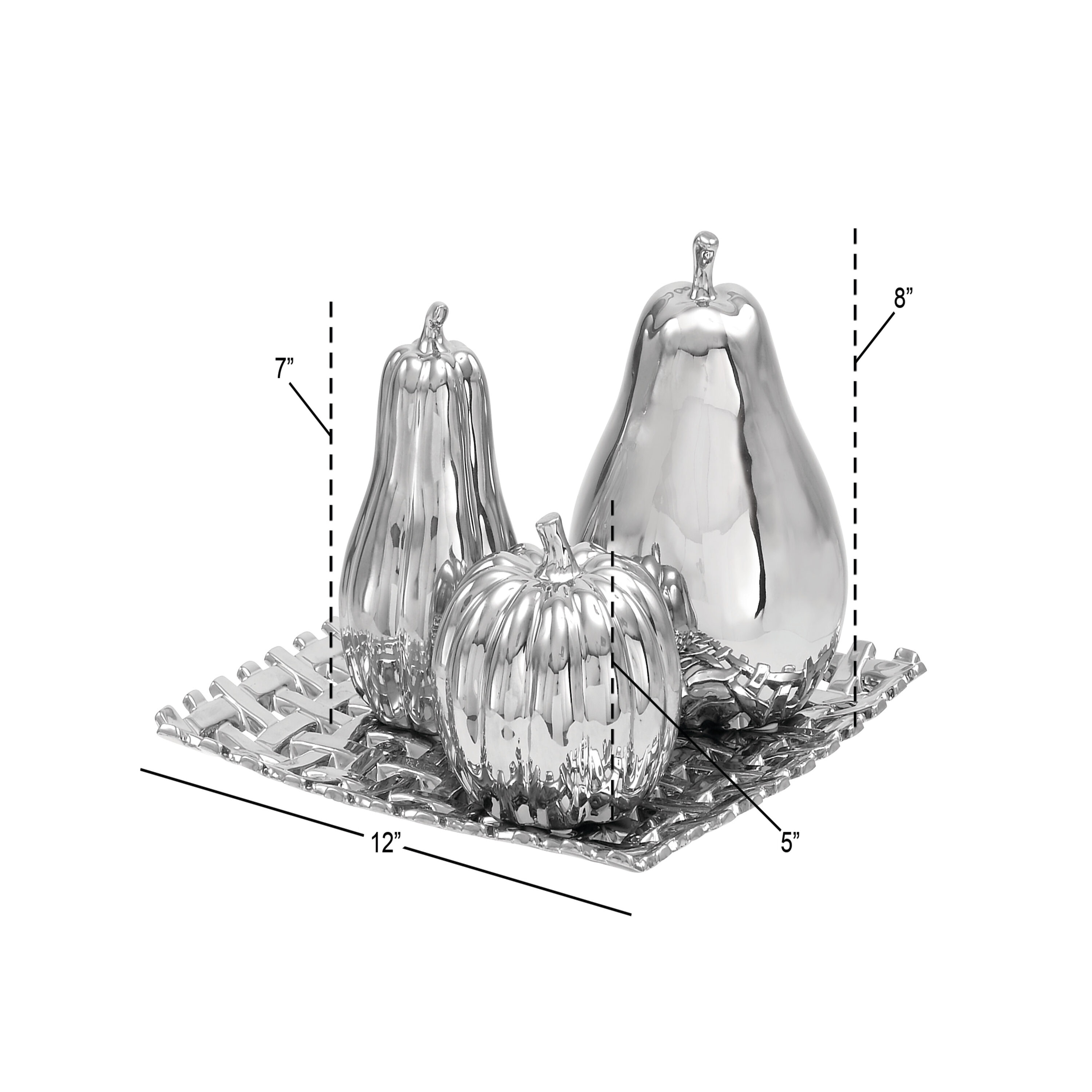 Silver Ceramic Fall Fruit Sculpture Set with Decorative Grid Plate