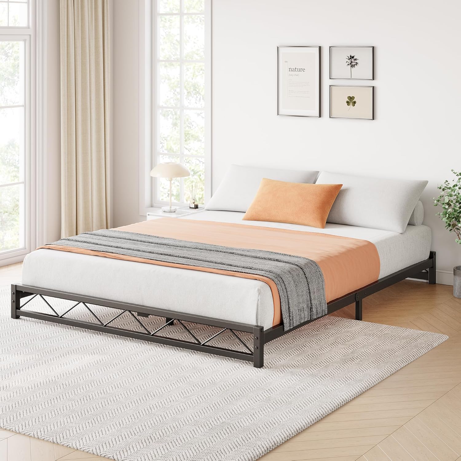 Qeetex LHF-BED-PHO-11AYNTH2 6 Inch Full Size Metal Platform Bed Frame with Wavy Pattern Full Bed Frame with Steel Slat Support Mattress Foundation No Box Spring Needed Easy Assembly Black