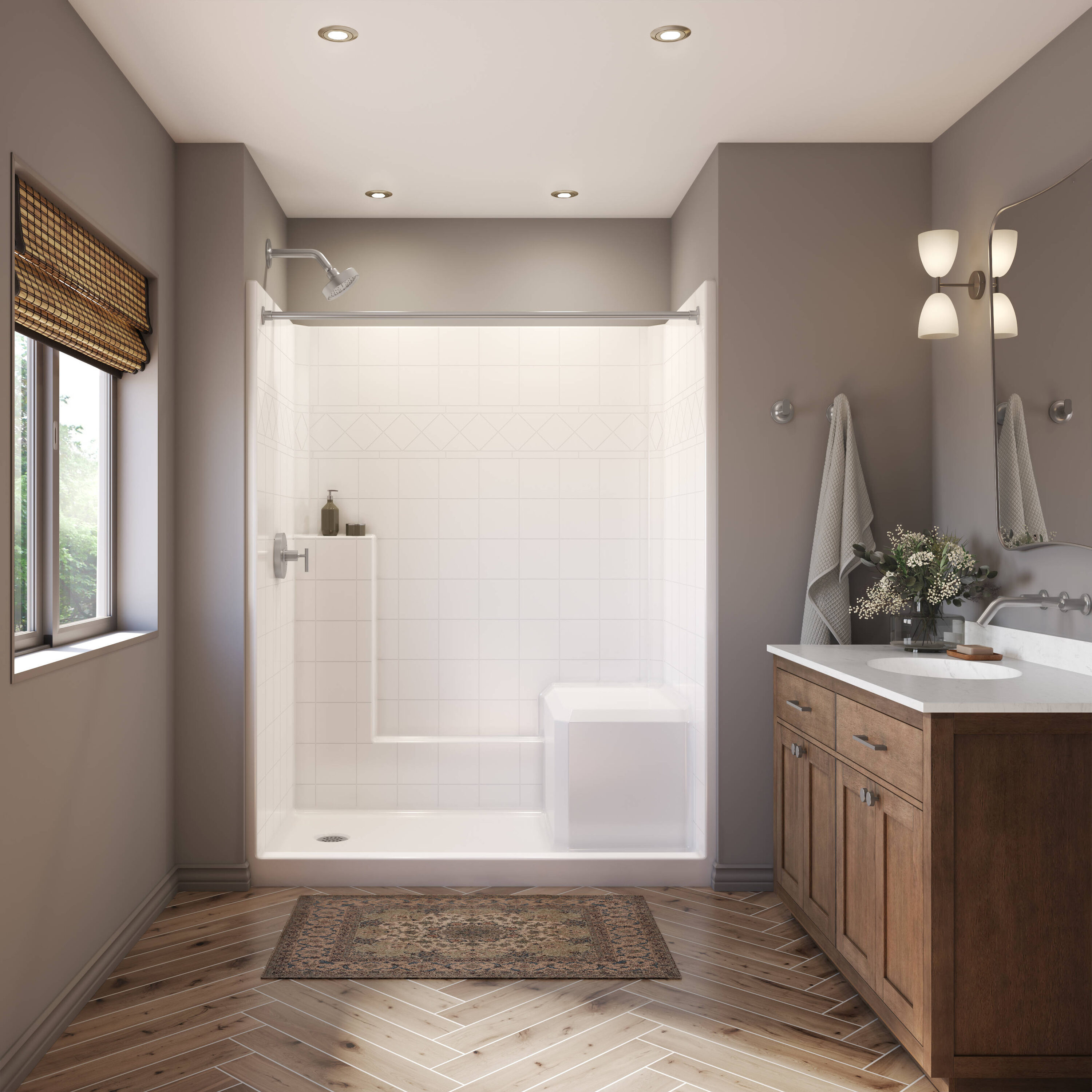 Laurel Mountain LM6036SH1S1PBRWHT Oakton 36-in W x 60-in L x 77-in H Rectangular One-piece shower kit ( Left Drain) with Integrated Seat Base and Wall Included and Drain Included Hardware Included
