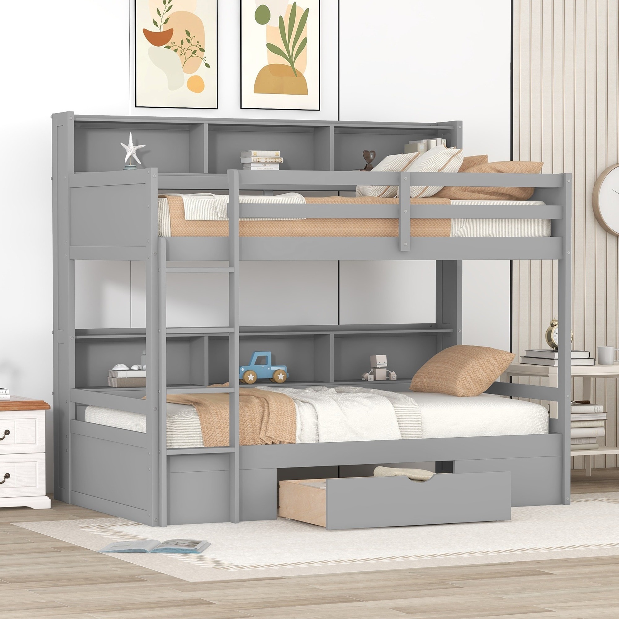 Horizons Prime 78 inch Gray Pine Wood Twin Size Bunk Bed with Built-in Shelves and Storage Drawer