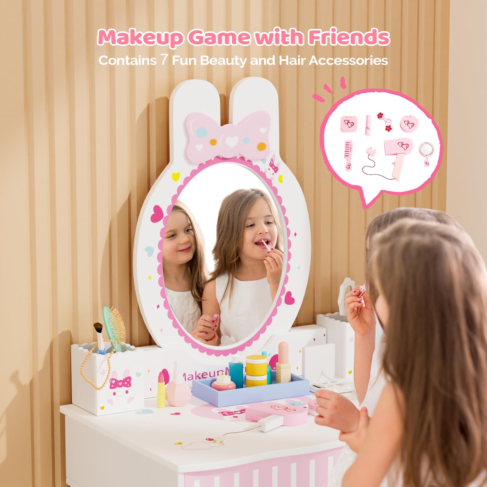 JOYMOR White 2 in 1 Kids Toddler Vanity Table and Chair Set with Mirror ...