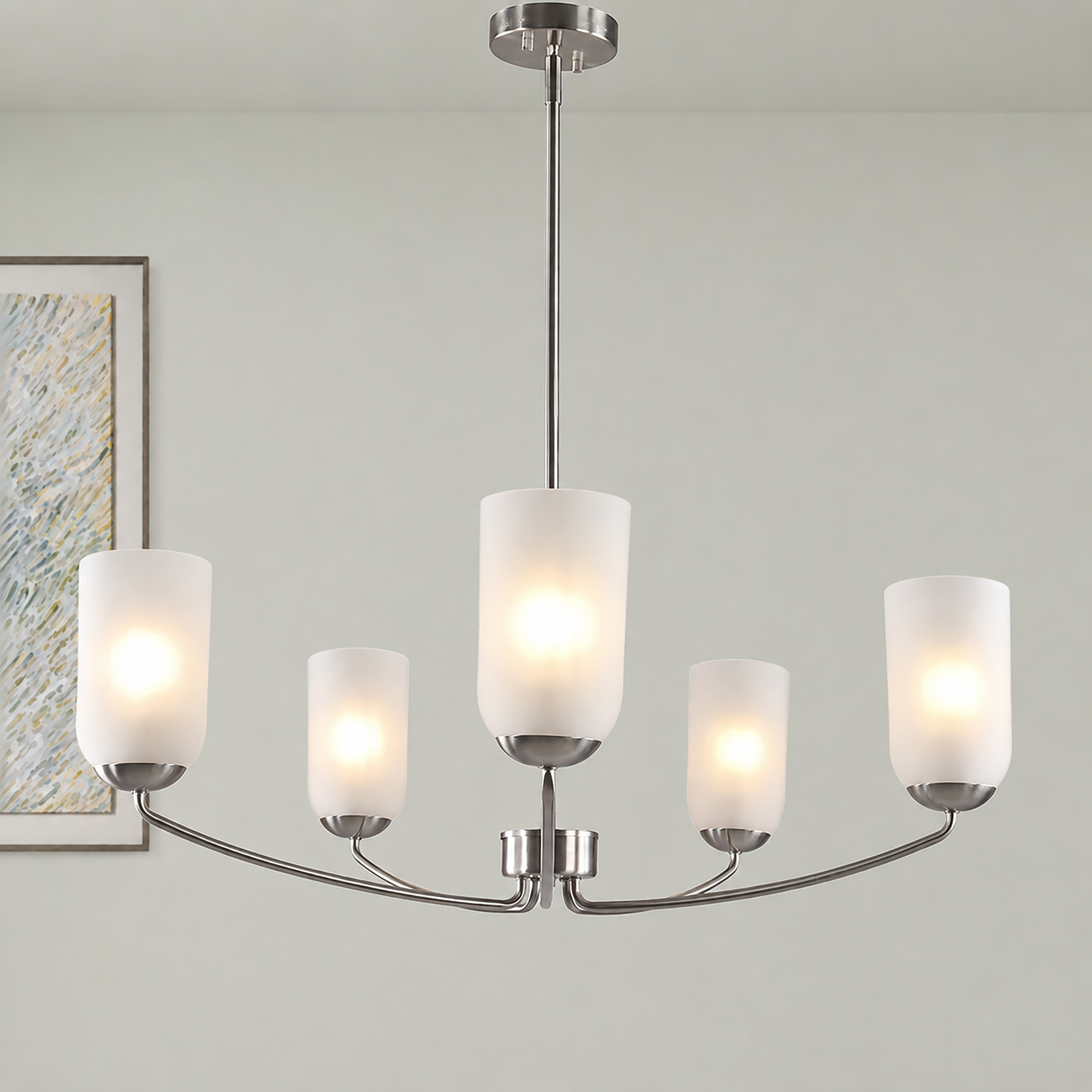 LNC Cylora 5 -Light Brushed Nickel Frosted glass Metal Chandelier
