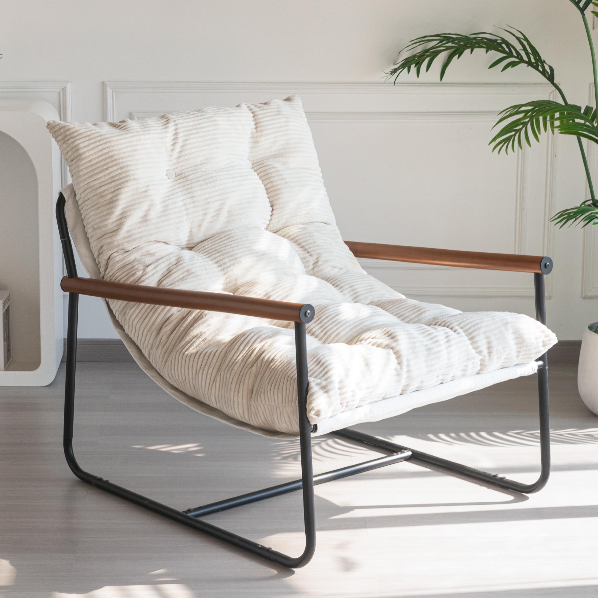 MAXYOYO Modern Accent Chair Comfy Living Room Chair with Metal Frame Wooden Armrest Upholstered Armchair with Soft Cushion
