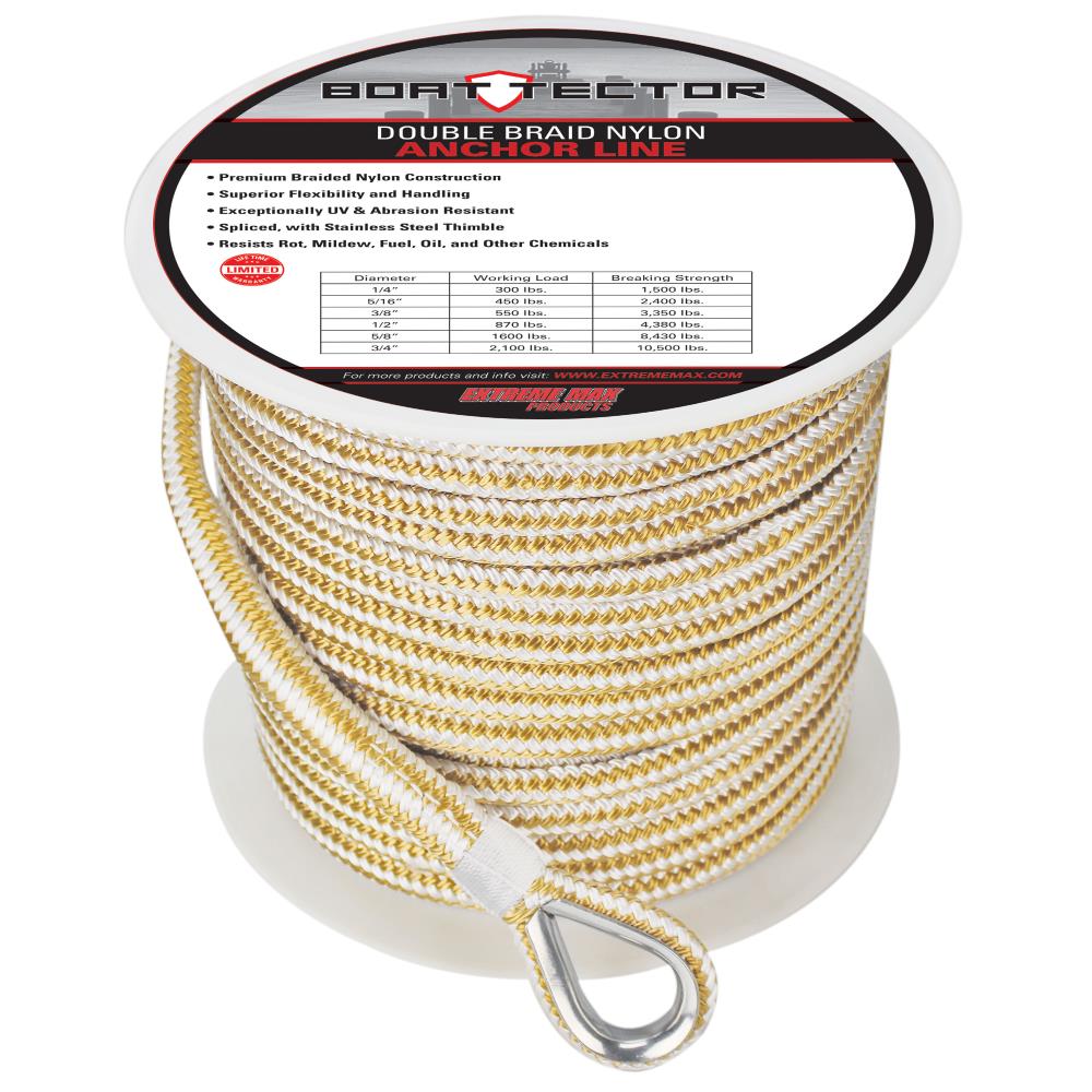Extreme Max BoatTector Double Braid Nylon Anchor Line with Thimble- 1/2-in  x 200-ft, White and Gold at