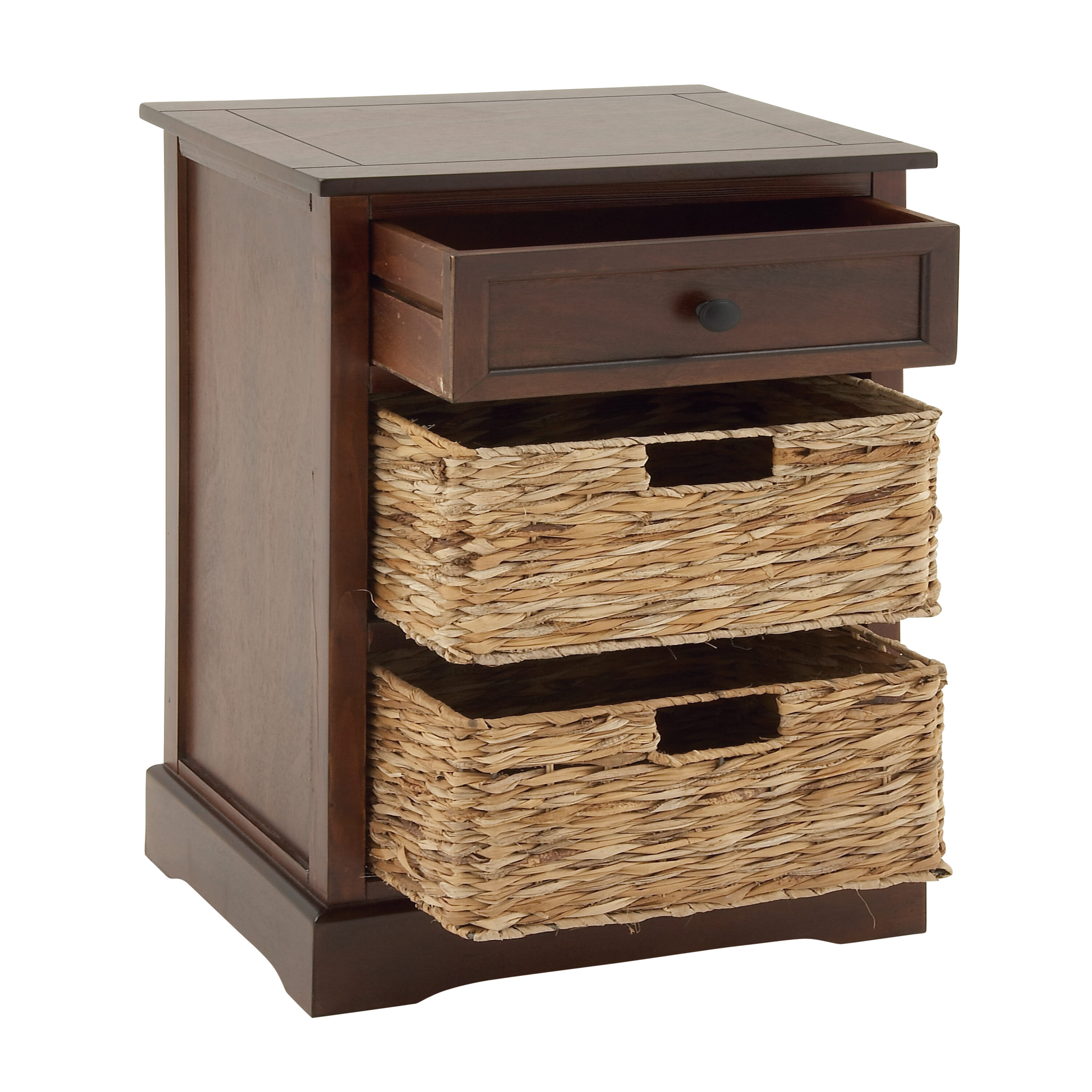 Elegant Brown Wooden Side Chest with Wicker Drawers - 33" x 20.5"