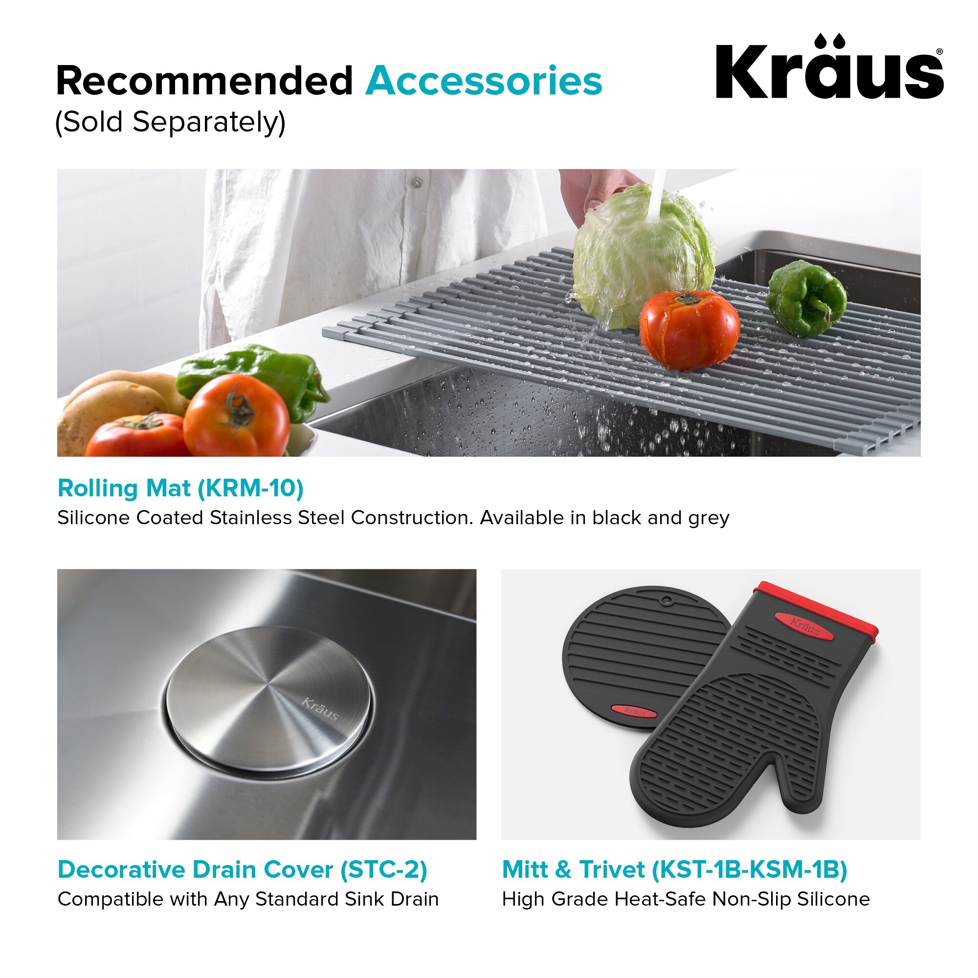 KRAUS Self-Draining Black Silicone Dish Drying Mat or Trivet for