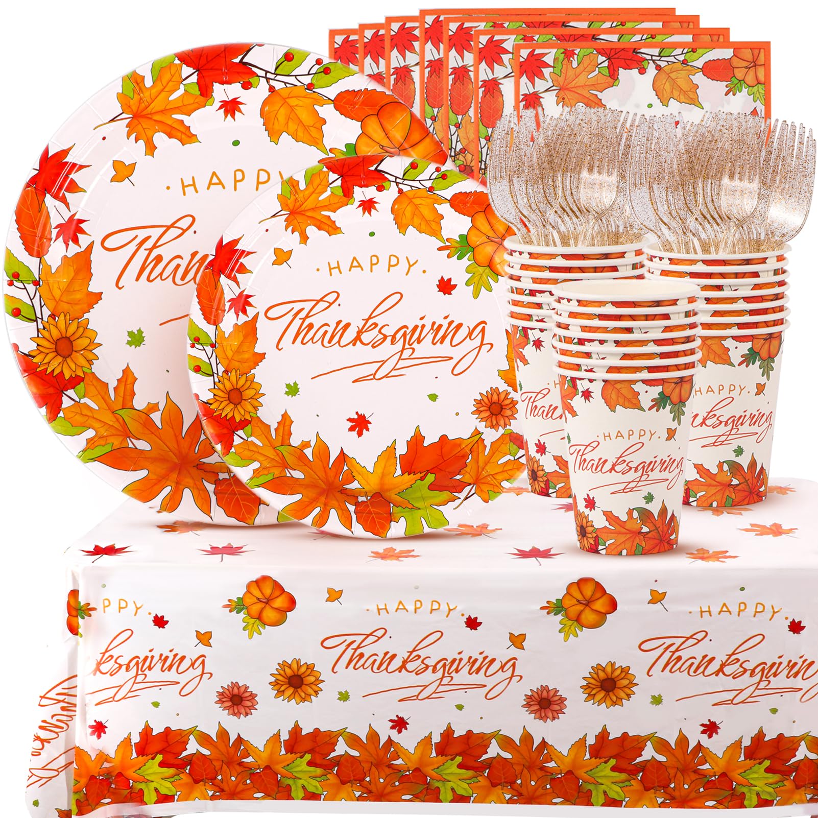 121 Piece Thanksgiving Dinnerware Set 24 Dinner Plates 24 Dessert Plates 24 Cups 24 Napkins 24 Forks 1 Tablecloth Autumn Leaves Disposable Tableware for 24 Guests #LMS0106T33