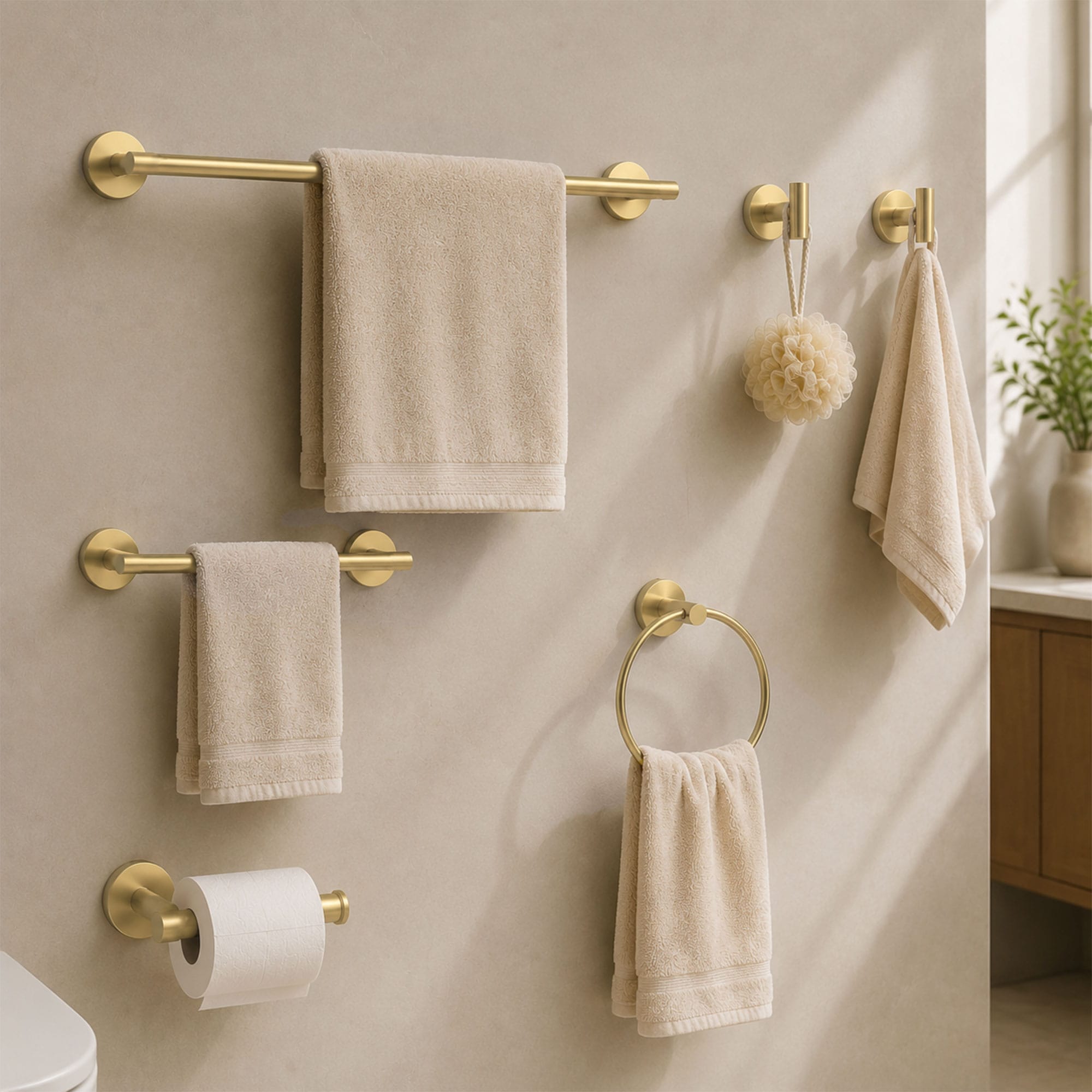BWE 6 -Piece Rivulet Plus Brushed Gold Decorative Bathroom Hardware Set Towel Bar, Toilet Paper Holder, Towel Ring ,Robe Hook Included