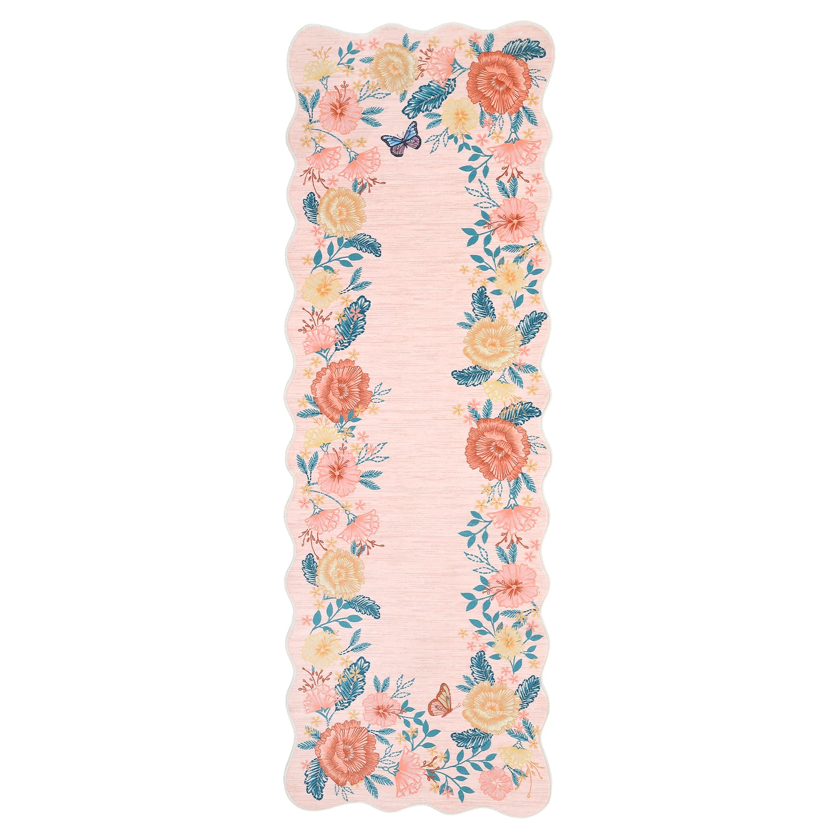 Qeetex SUNNY-PHK-339UXTHU 2 x 6 ft Polyester Pink Rectangular Laundry Bathroom Kitchen Botanical Floral Print Modern Machine Washable Runner Rug