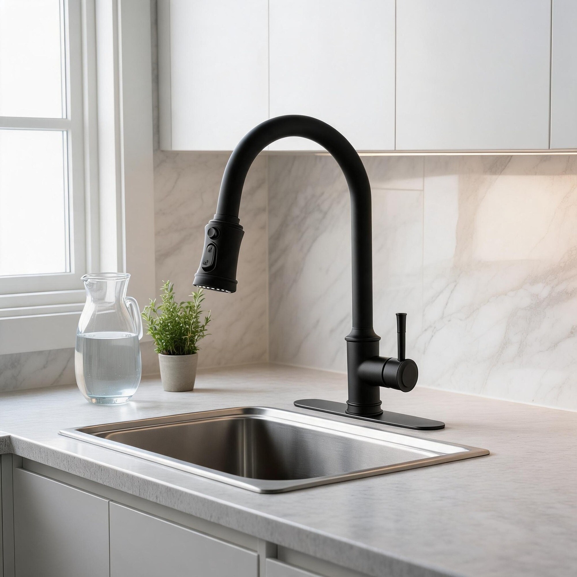 IAK Matte Black Stainless Steel Single Handle High Arc Pull Out Kitchen Faucet with Pull Down Sprayer