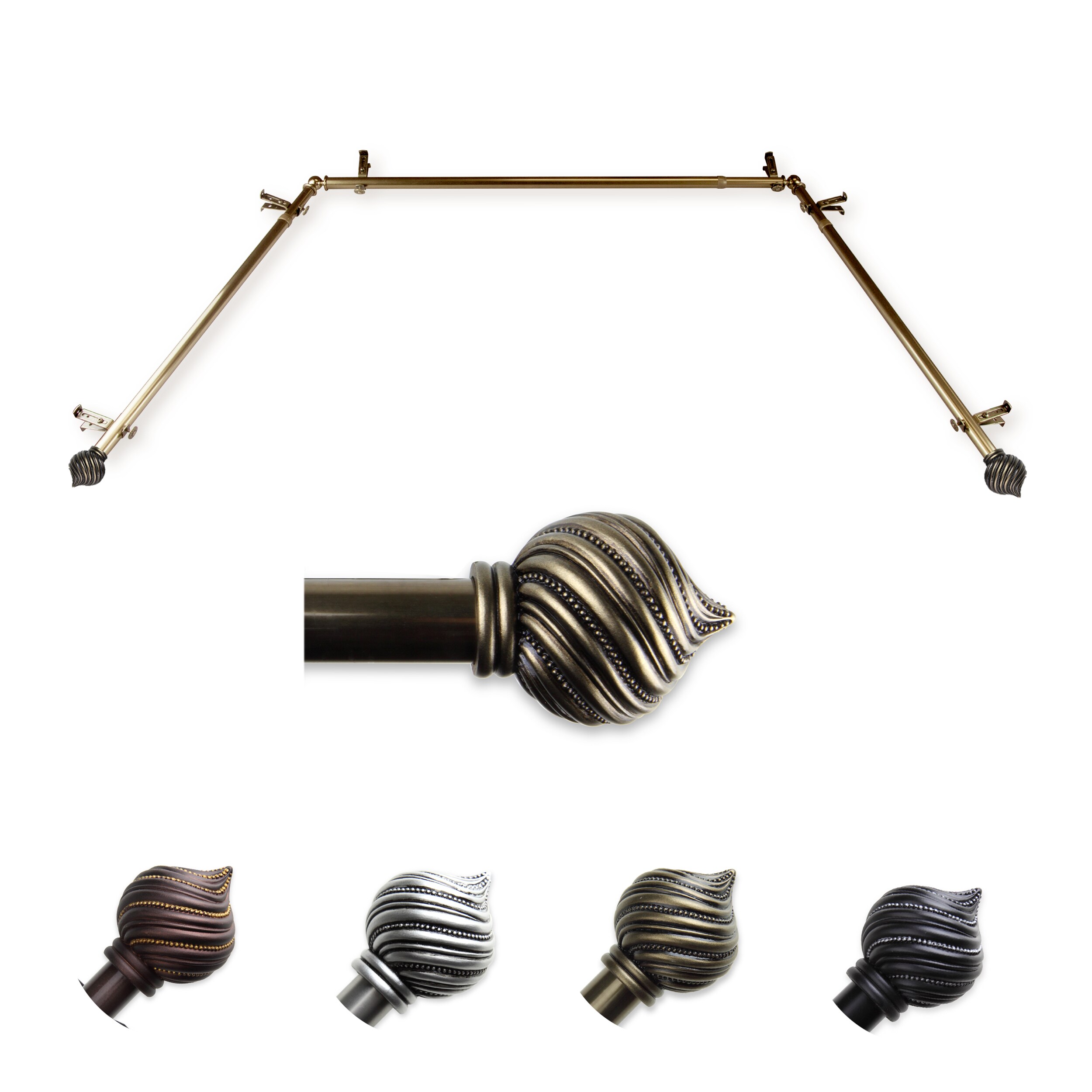 Hart & Harlow L-ABAY-93-4 Sergio 13/16-in Bay Antique brass Steel Bay window curtain rod with Finials