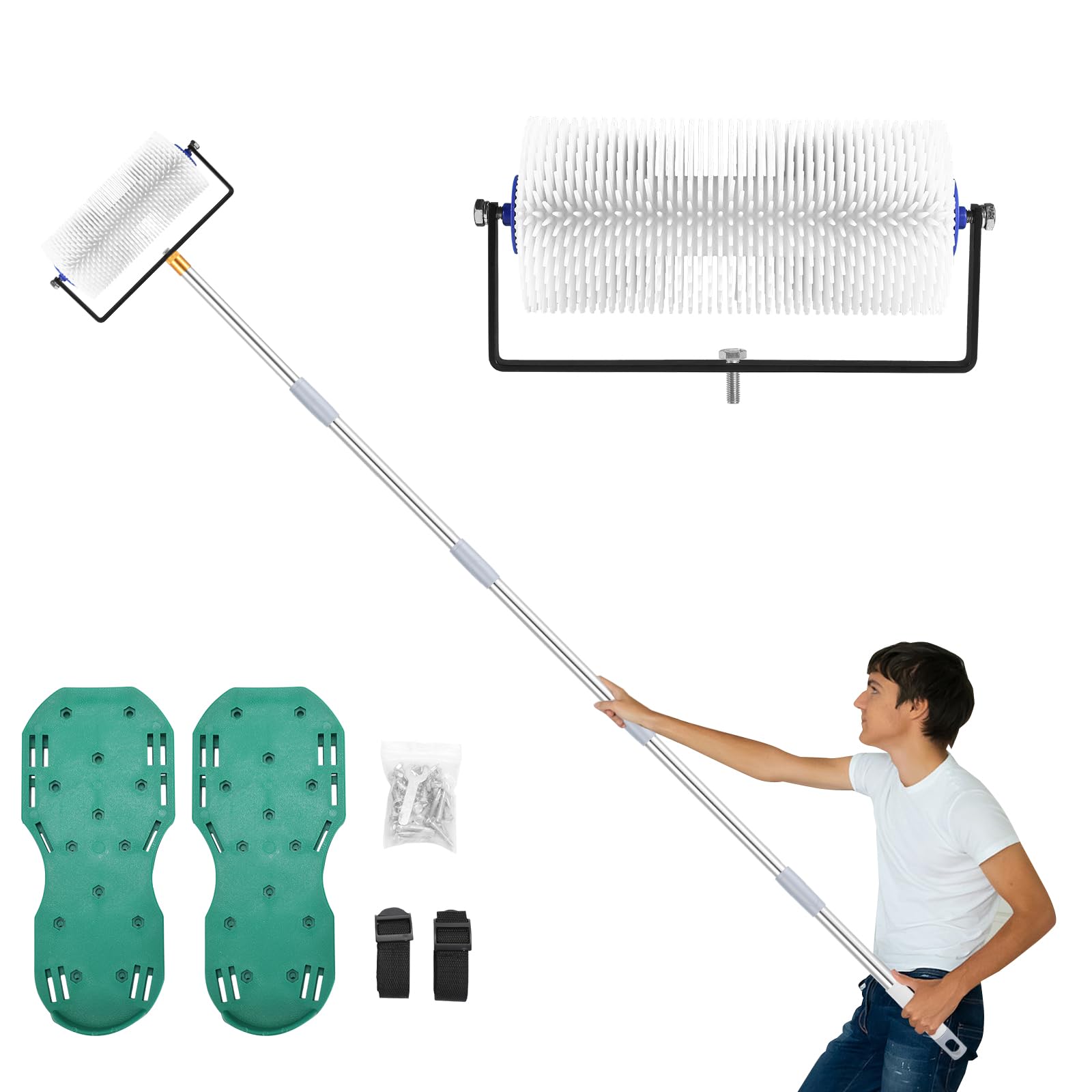 Phyfalip  Self Leveling Cement Tool Kit with 9 Inch Spiked Roller Adjustable Extension Pole Spike Shoes for Epoxy Flooring Concrete Leveling