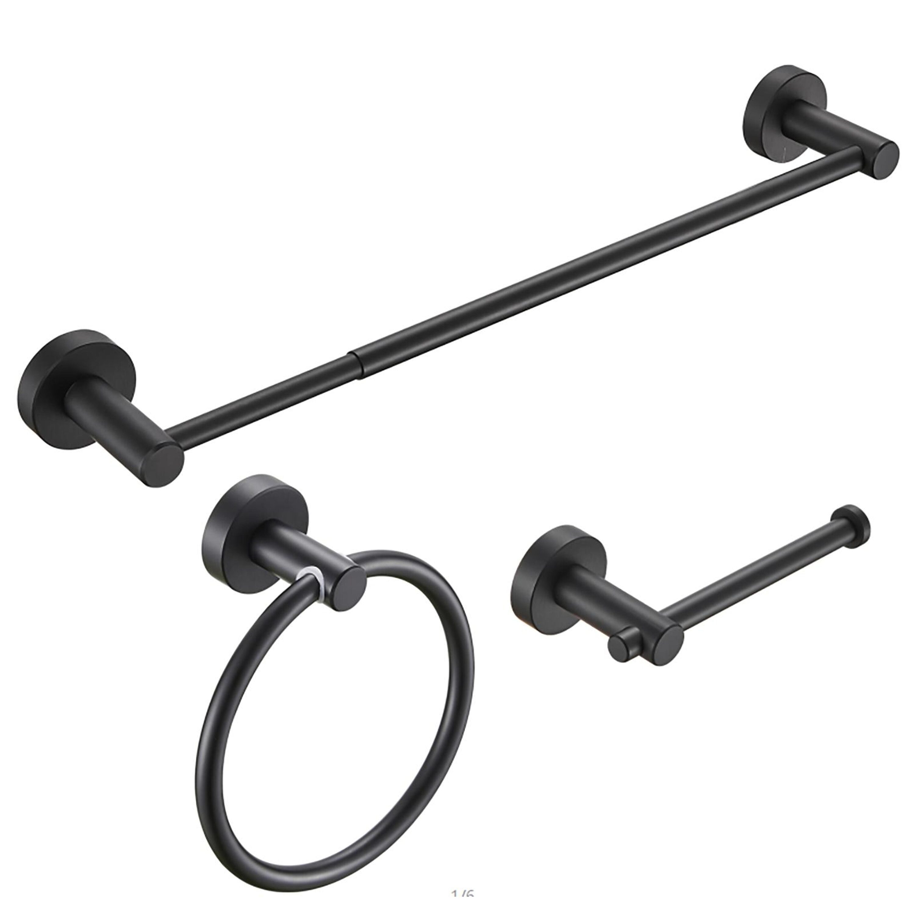 Bayfeve - 3-Piece Matte Black Decorative Bathroom Hardware Set (Adjustable Towel Bar and Towel Ri...