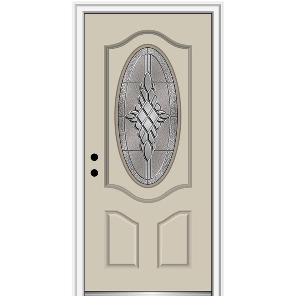MMI DOOR ZZ3667731R 36-in x 80-in x 6-9/16-in Fiberglass Oval lite Right-hand inswing Wicker Painted Prehung Front Door with Brickmould Insulating core
