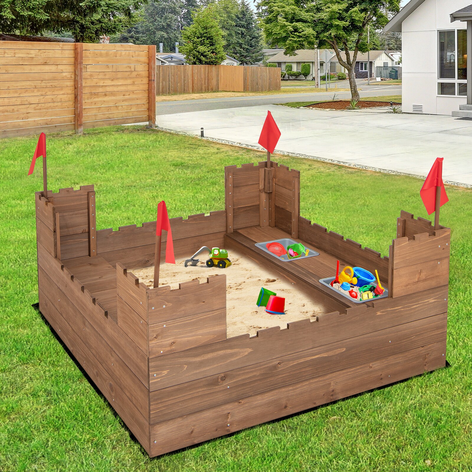 Costway Solid Wood Kids Sandbox with 2 Bench Seats Outdoor Sandpit with ...