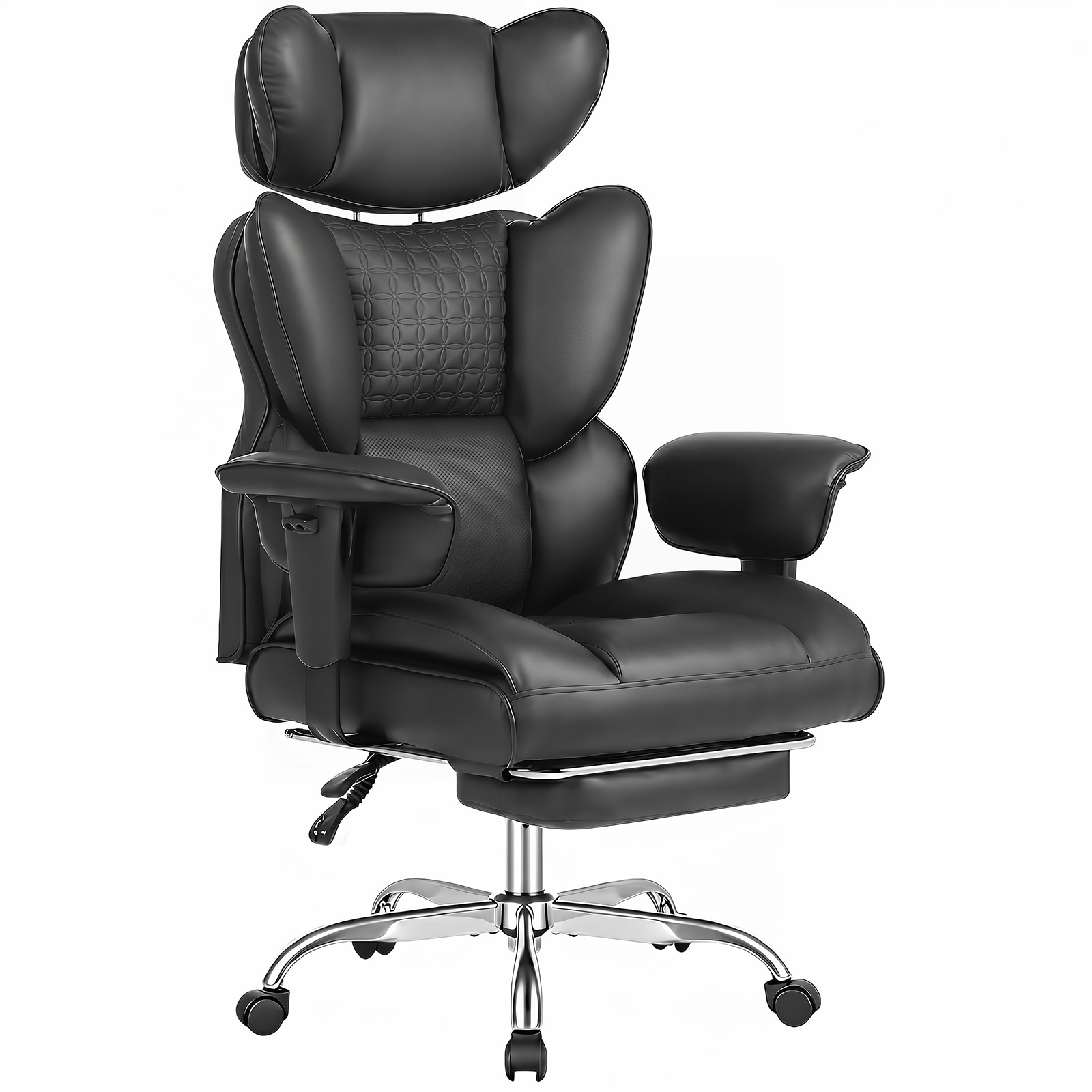 Sweetcrispy Big and Tall PU Leather Ergonomic Computer Office Chair Wingback Gaming Chair with Adjustable Armrests and Footrest Black