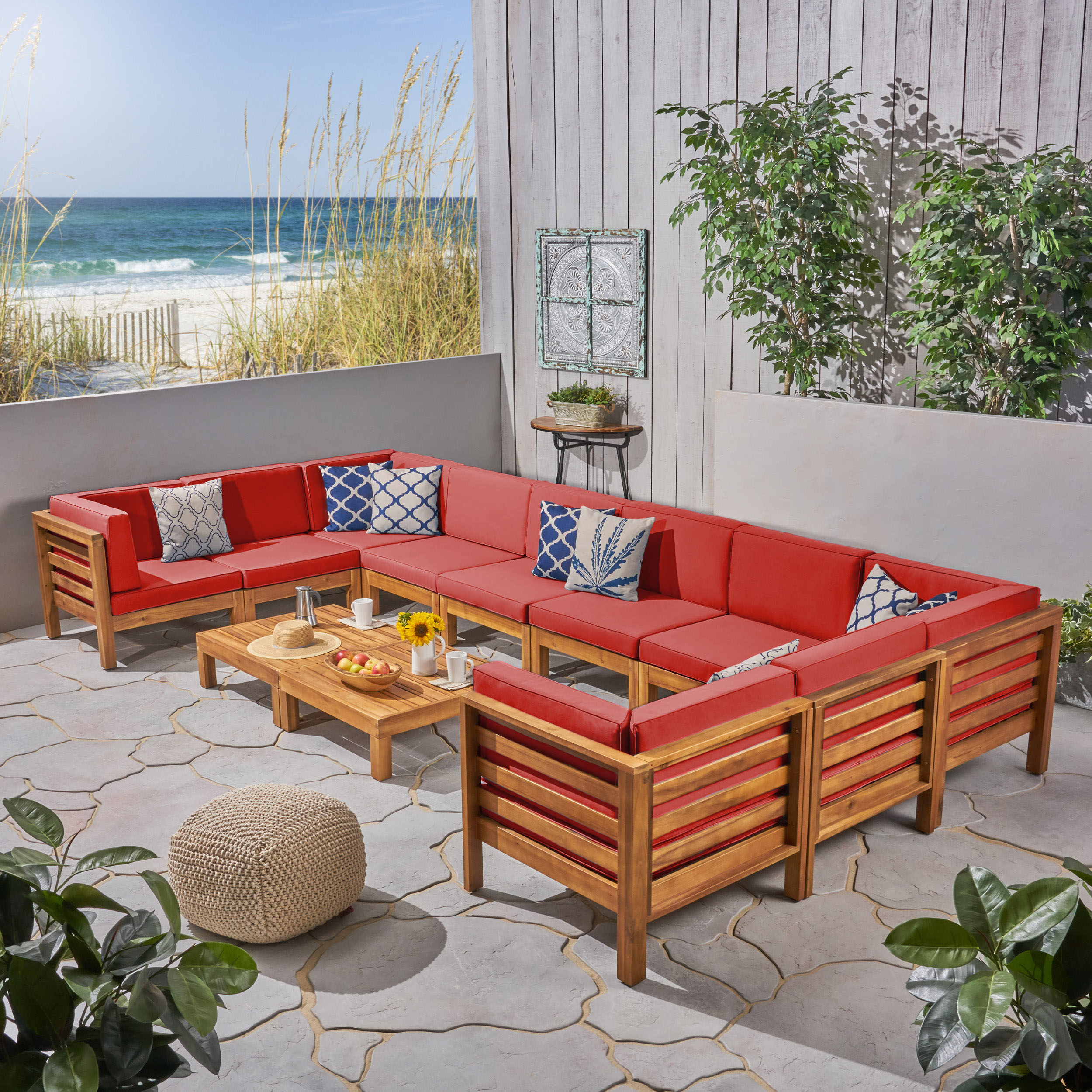 Christopher Knight Home - Oana Outdoor 12 Piece U Shaped Acacia Wood Sectional Sofa Set Teak and Red