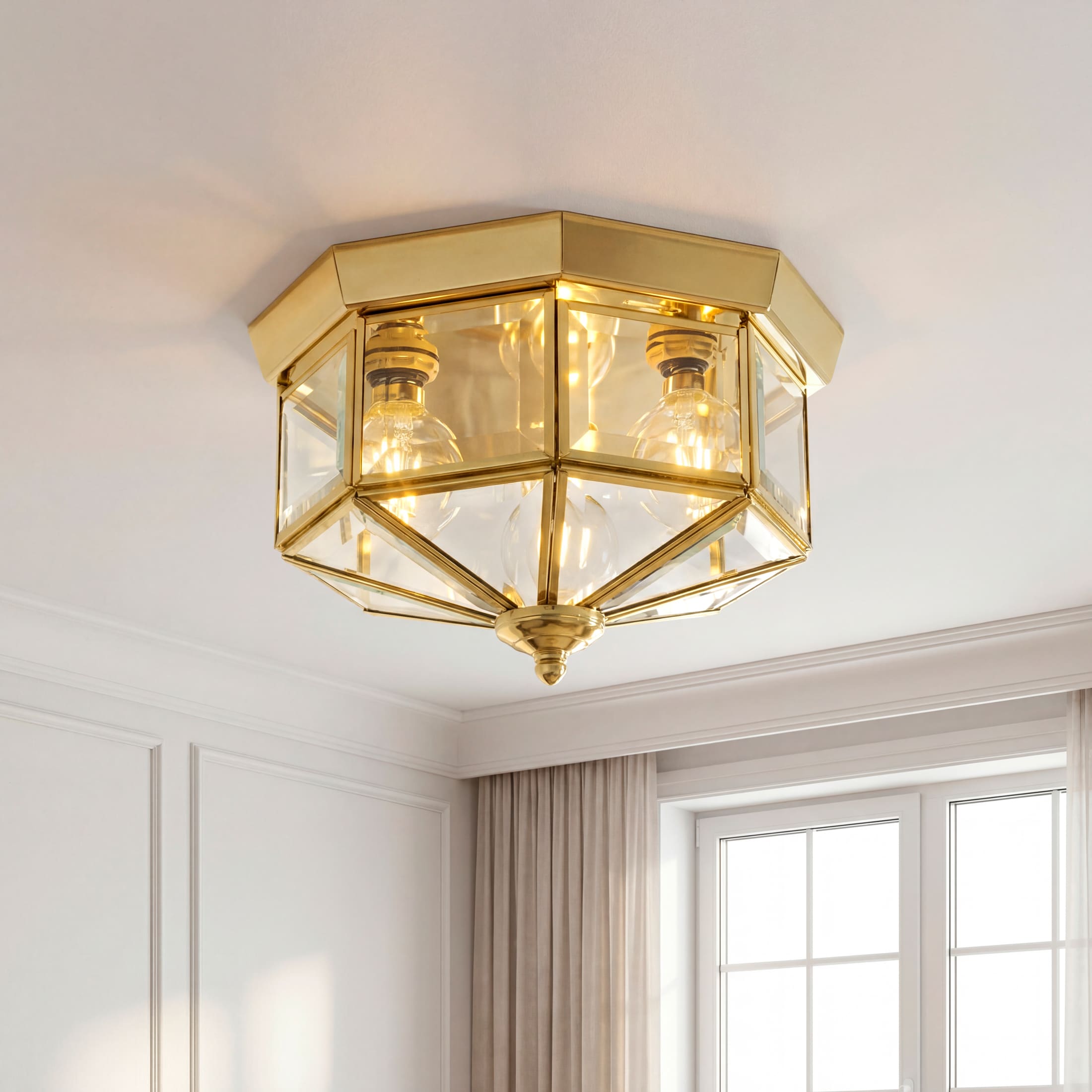 Progress Lighting Beveled Glass 9.75-in Polished Brass Outdoor 3 -Light Flush Mount Light with Clear Glass