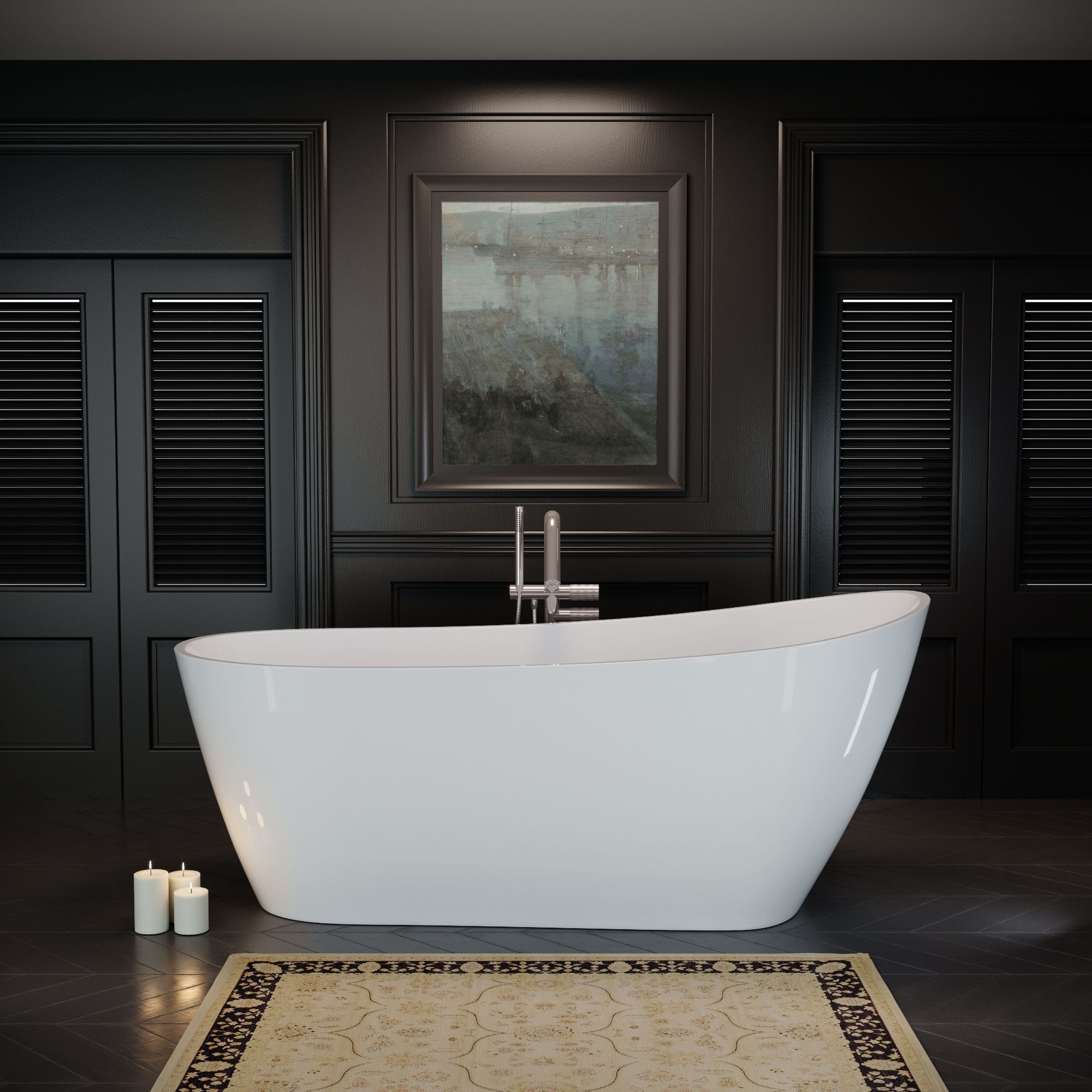 WELLFOR QBT-P136-67TM 59-in x 27.5-in Glossy White Acrylic Oval Freestanding Soaking Bathtub with Drain ( Left Drain )