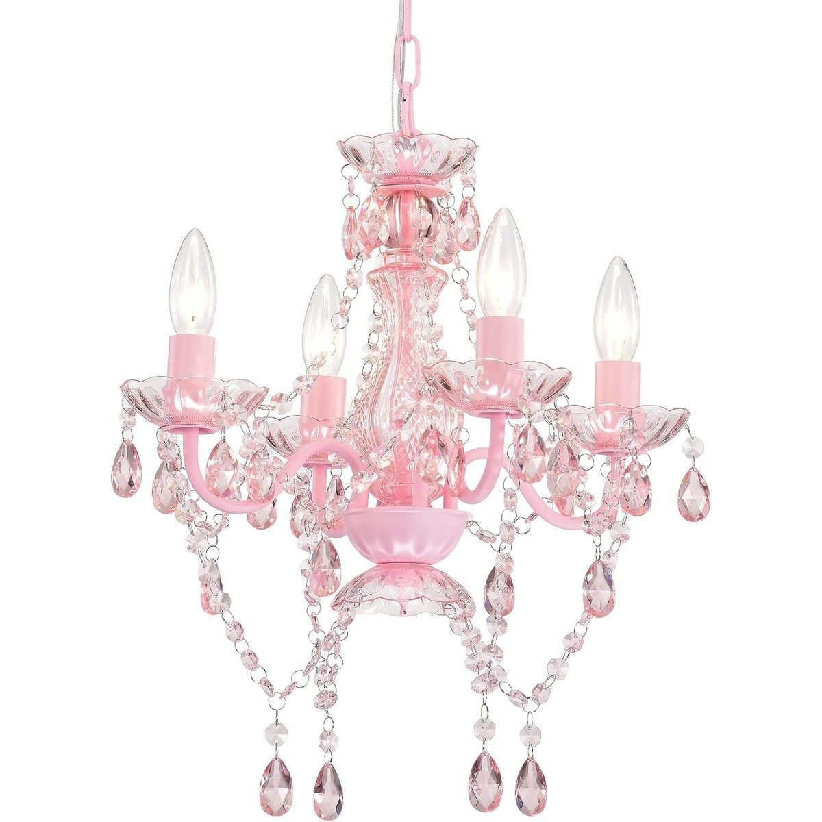 HEKCUIX  Pink Acrylic Crystal Mini Chandelier 4 Light 15.7 Inch Width for Bedroom and Girls Room
