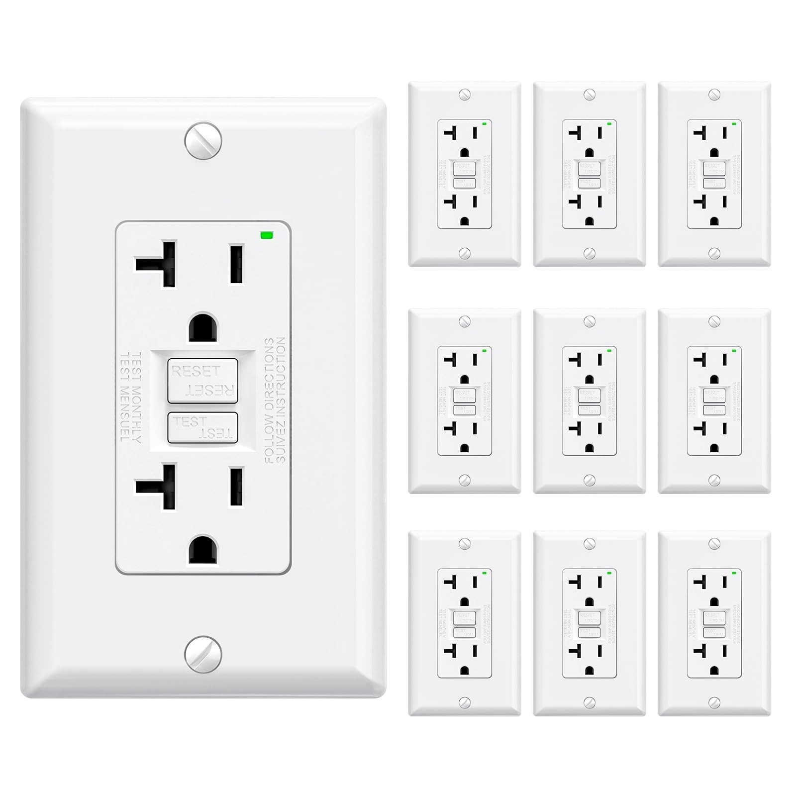 AOIZGMY 20 Amp GFCI Outlet White Self-Test Every 5 Seconds Dual Protection System LED Indicator Surge Protection Wall Plate Included 10 Pack #LAZ0430H02