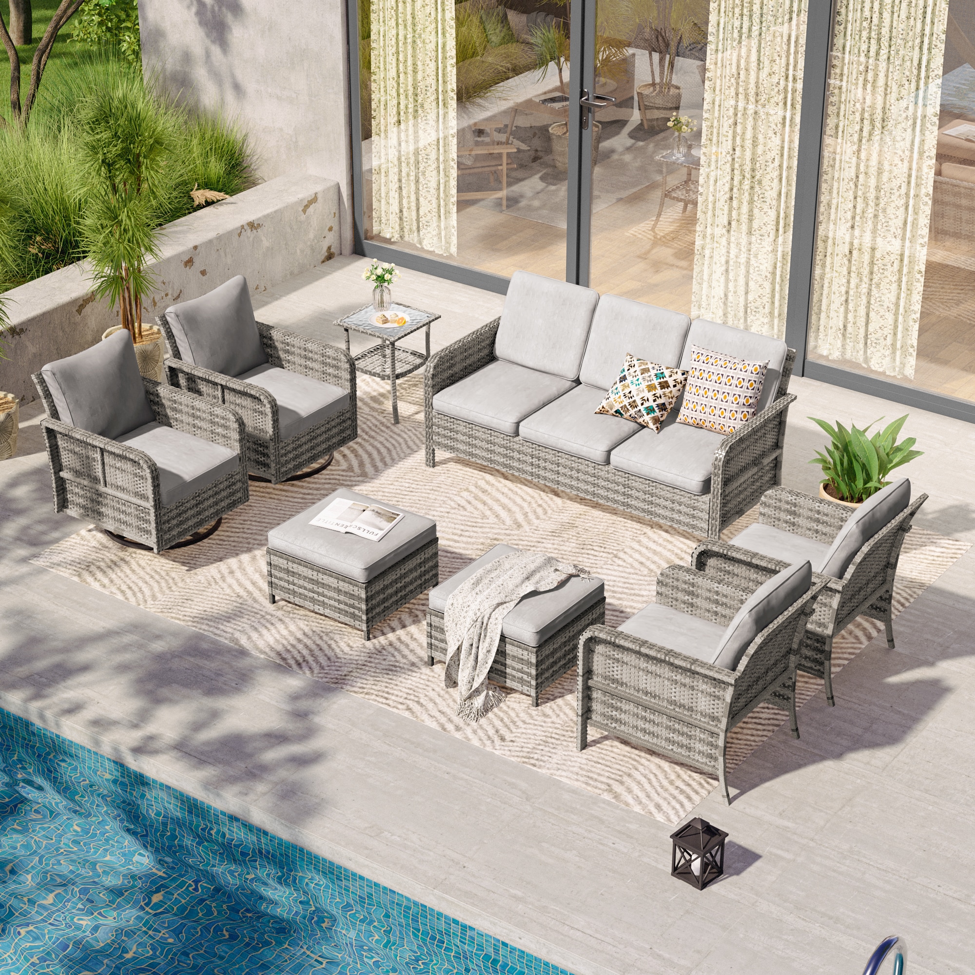 ACEGOSES LW-155HLY-2RT2 Skytop 8 -Piece Wicker Patio Sofa Conversation Set with Gray Cushions