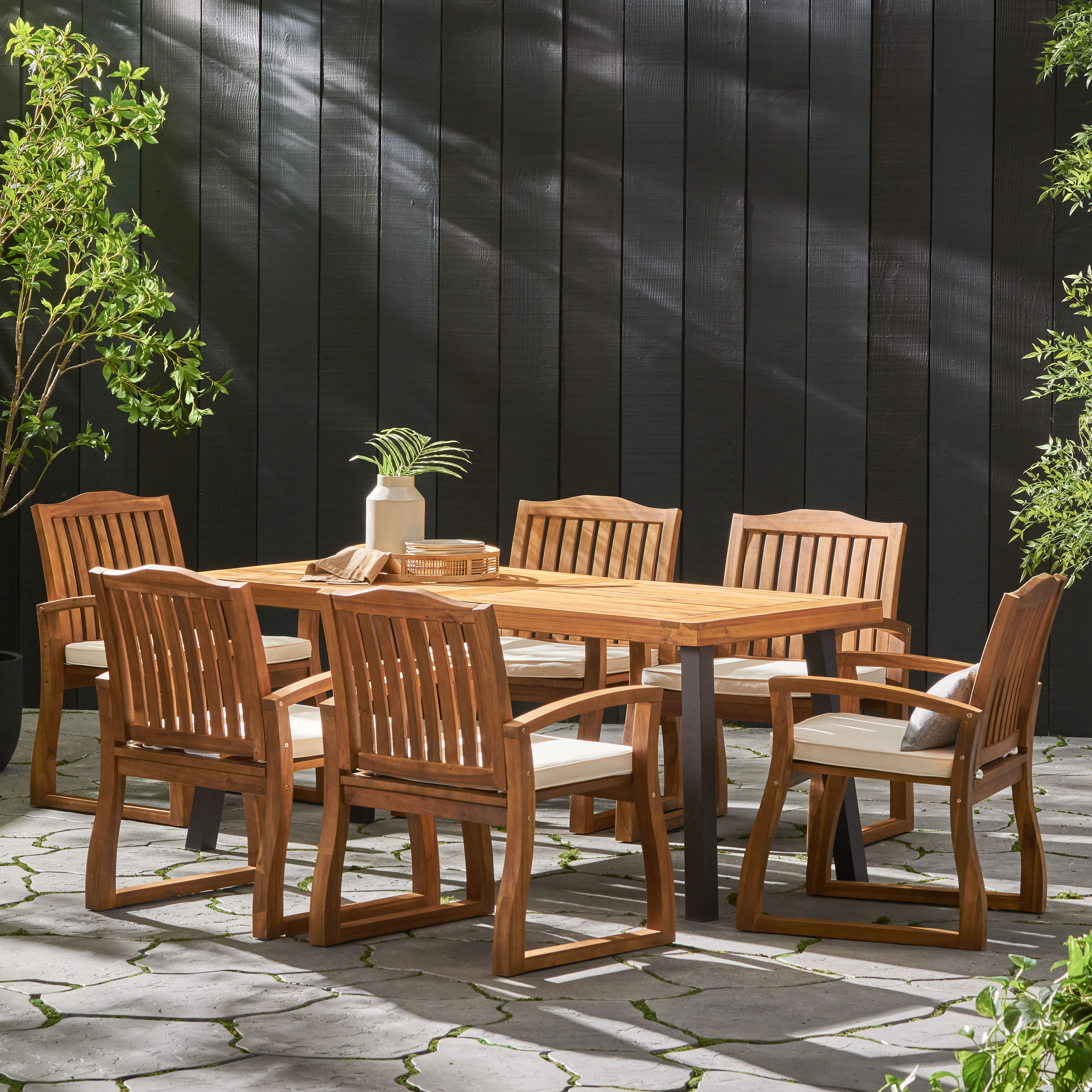 6-Person Teak Acacia Wood Outdoor Dining Set with Beige Cushions
