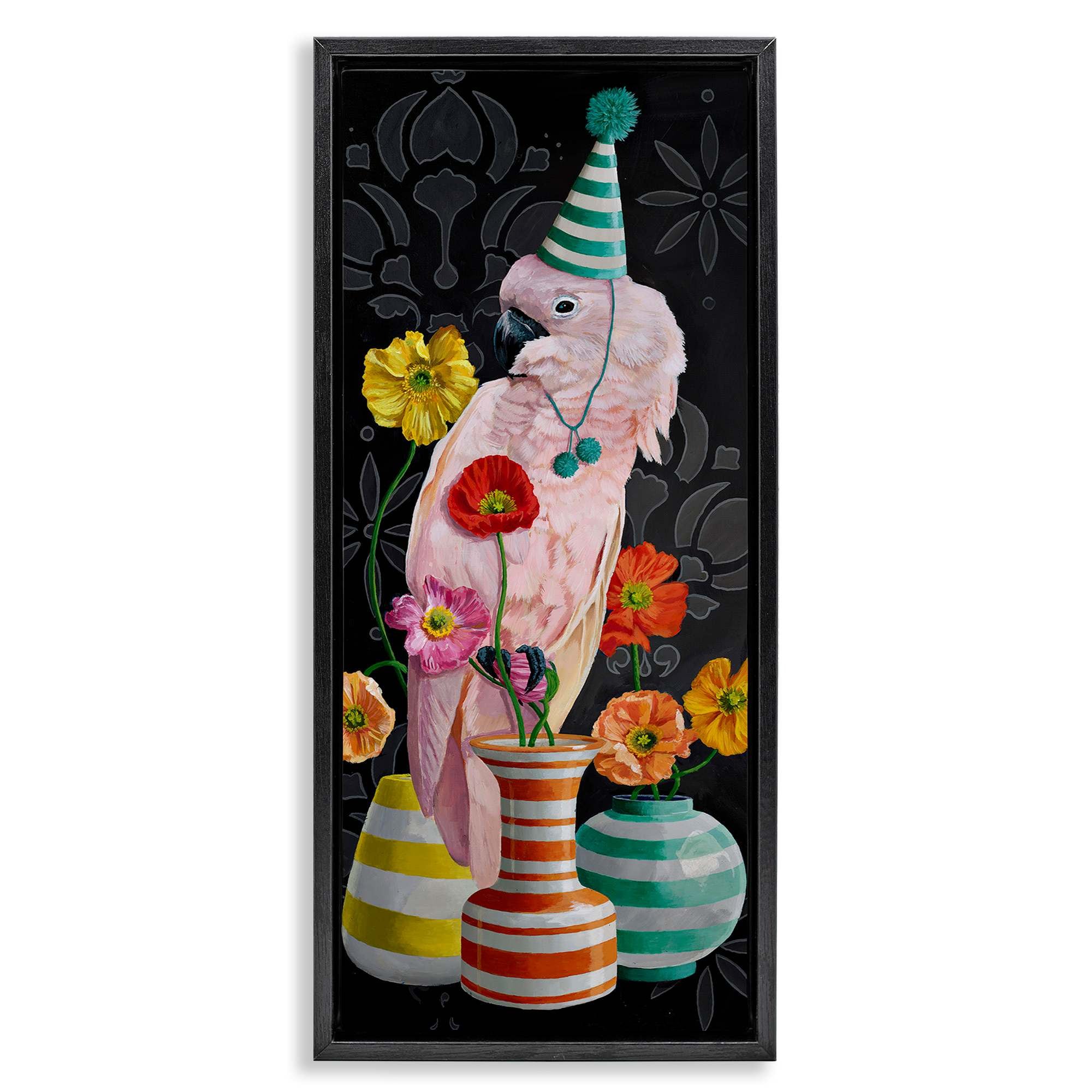 Stupell Industries BS-992-FFB-13X30 Cockatoo and Striped Vases Black Framed Floater Canvas Wall Art By Heather Gauthier 15 x 31