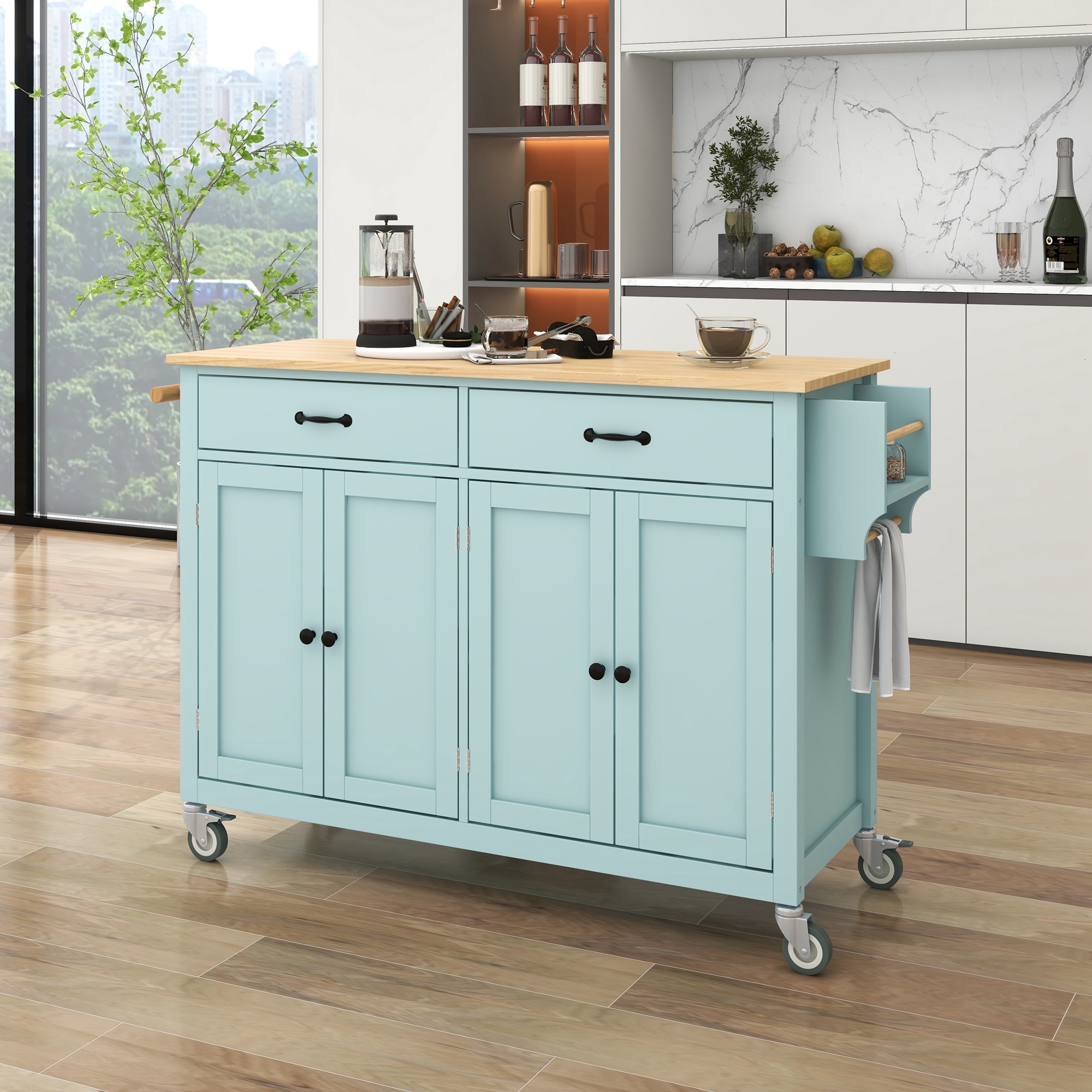 Miki Shinly White Mdf Base with Wood Top Rolling Kitchen Island (18.5-in x 54.33-in x 36.22-in)