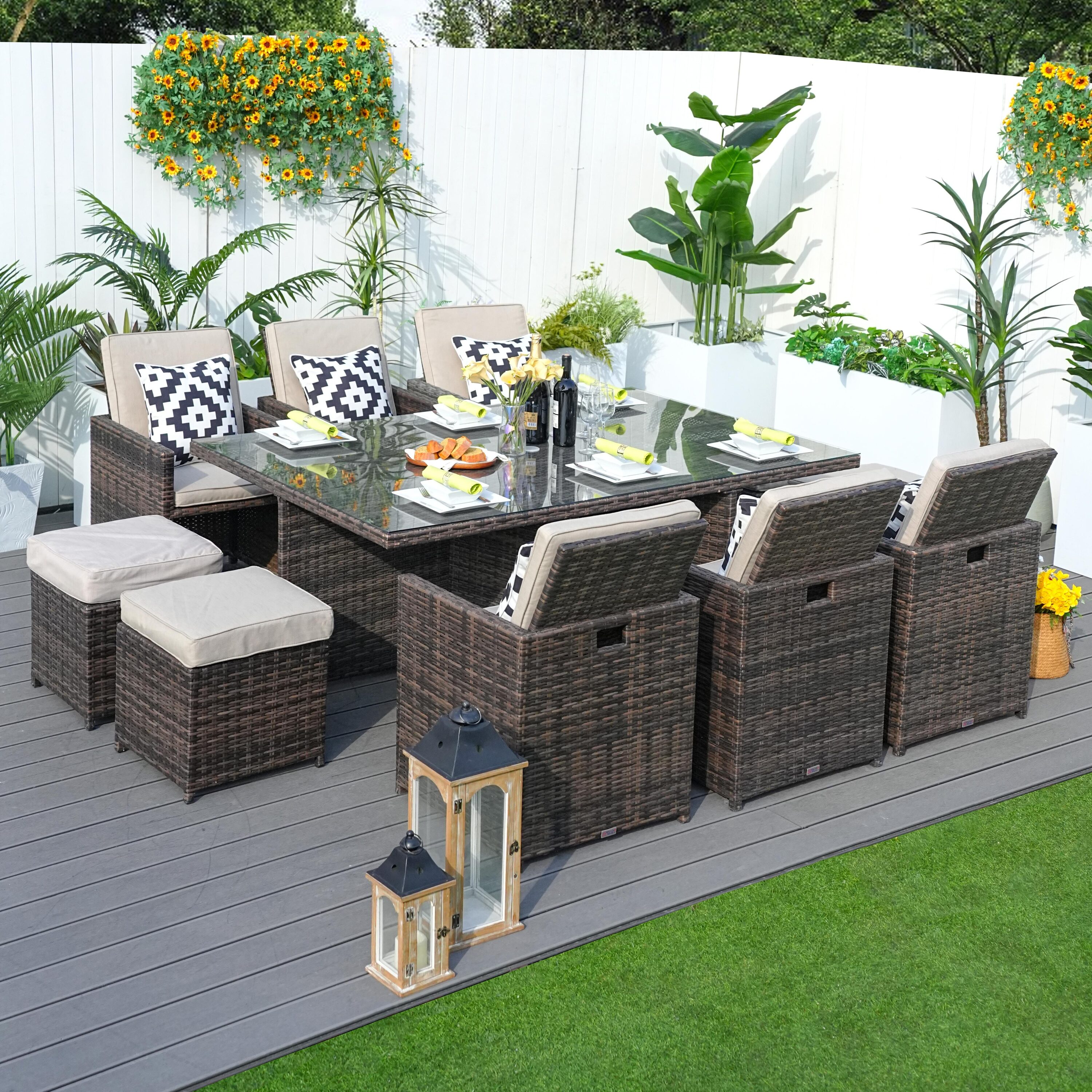 Direct Wicker PAD-3234-BROWN Geo 11 -Piece Brown Wicker Patio Dining Set Wicker Rectangle Table with 6 Gray Cushions Stationary Chairs