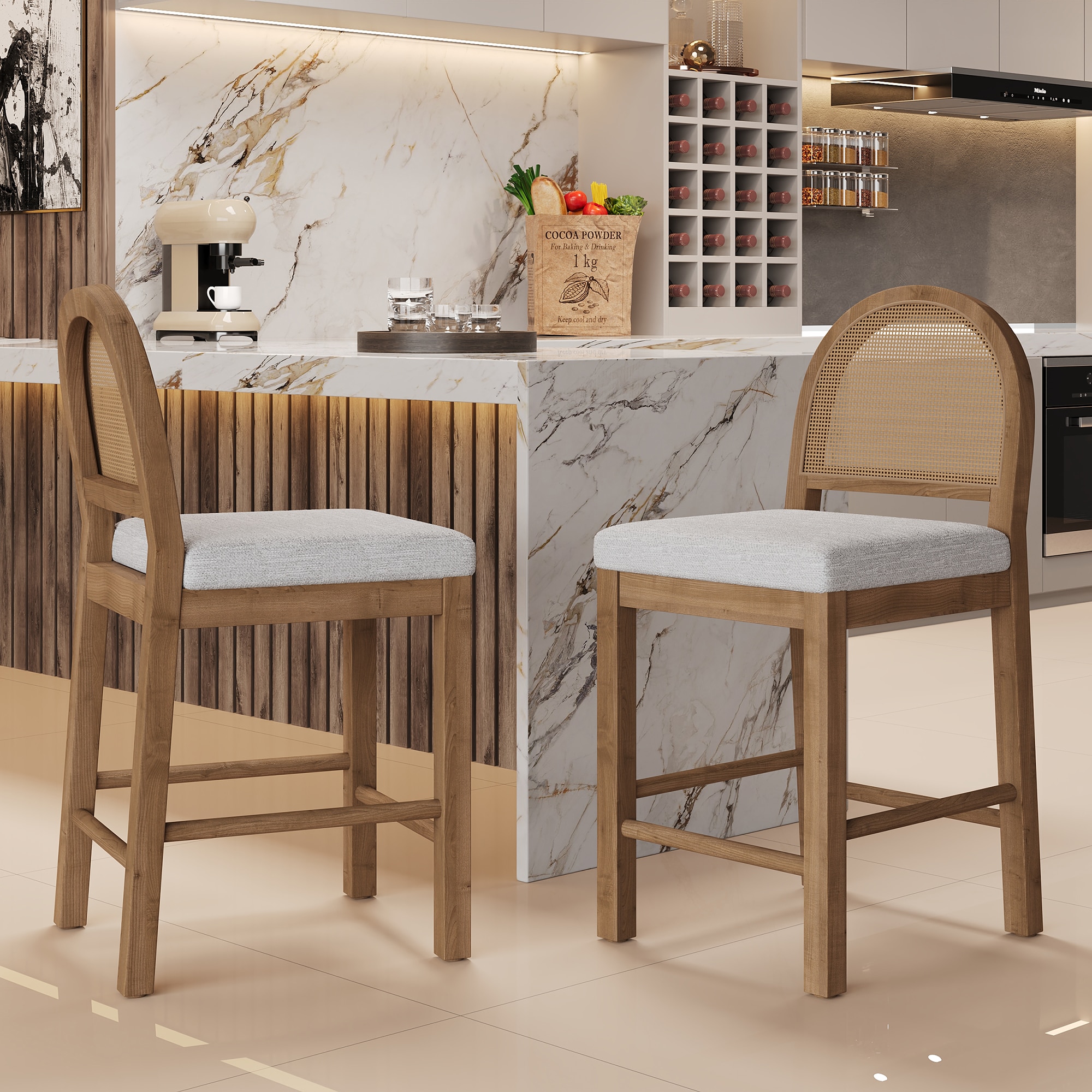 ModernLuxe Upholstered counter stool Solid Wood Frame Natural Rattan Woven Back for Kitchen Island and Bar Tables Brown and Gray Seat Height 24.5inch Set of 2